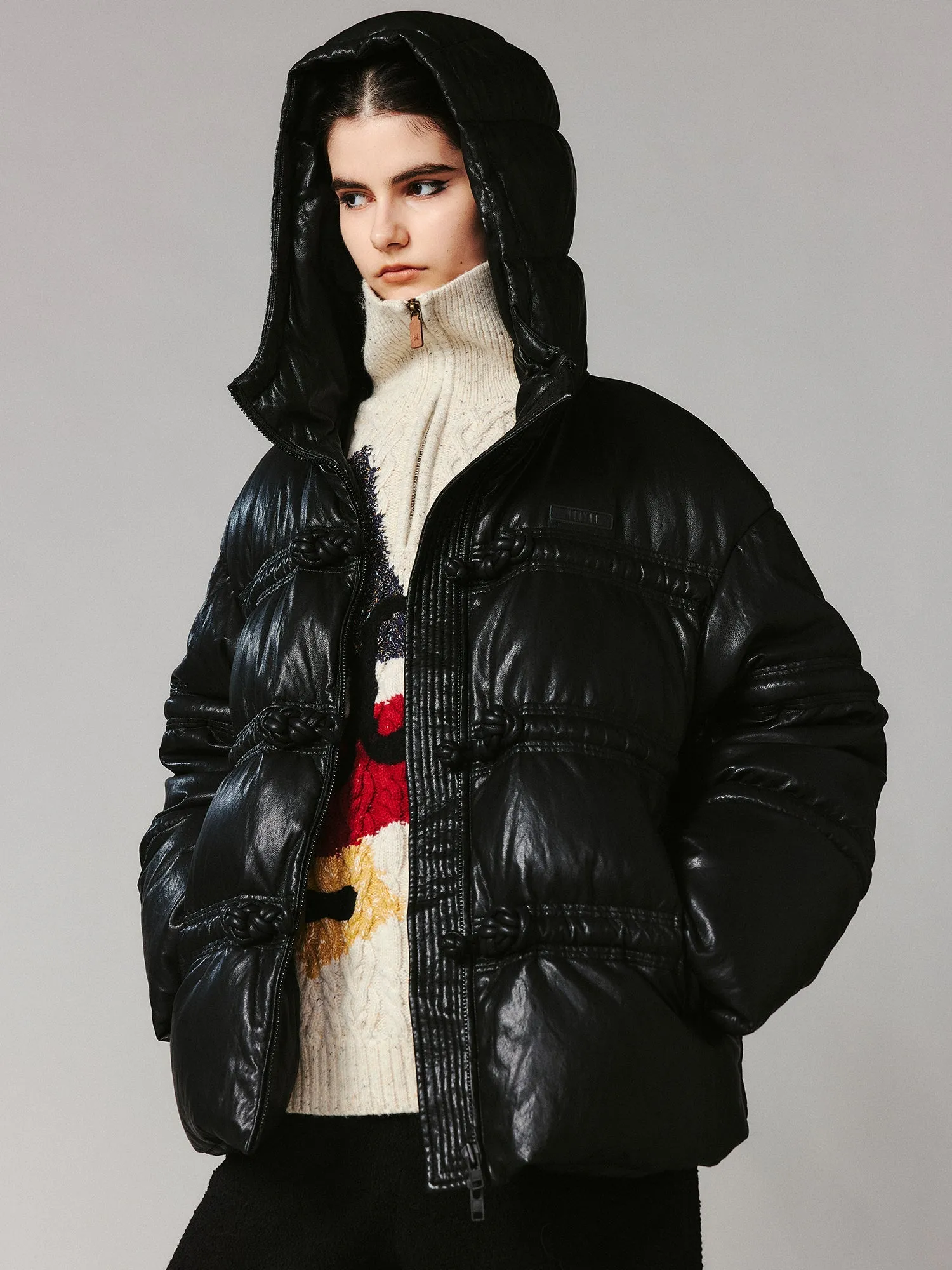 3D laced toggle PU puffer jacket