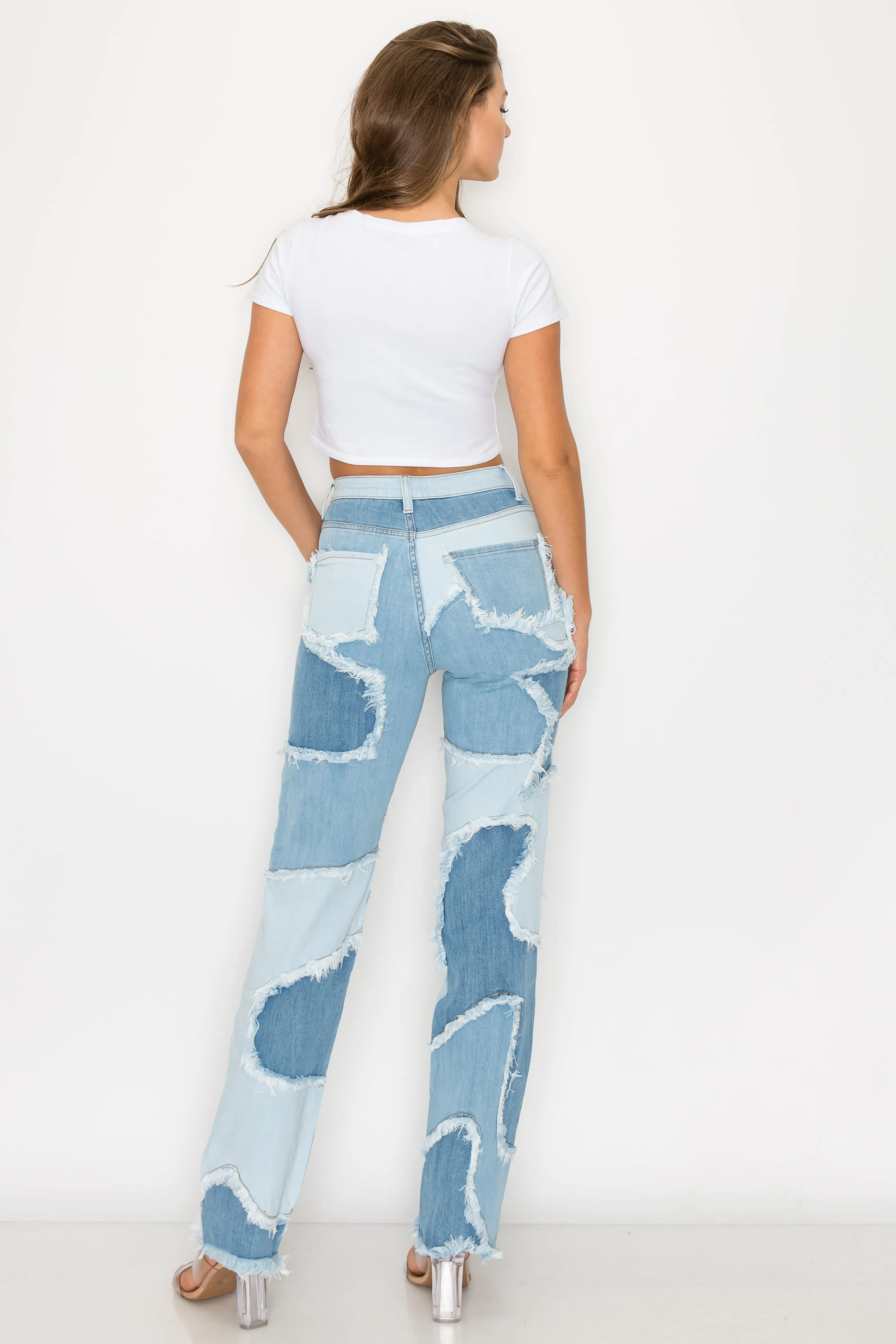 40455 Women's Patchwork High Waisted Straight Leg Denim Multi-tone Jeans