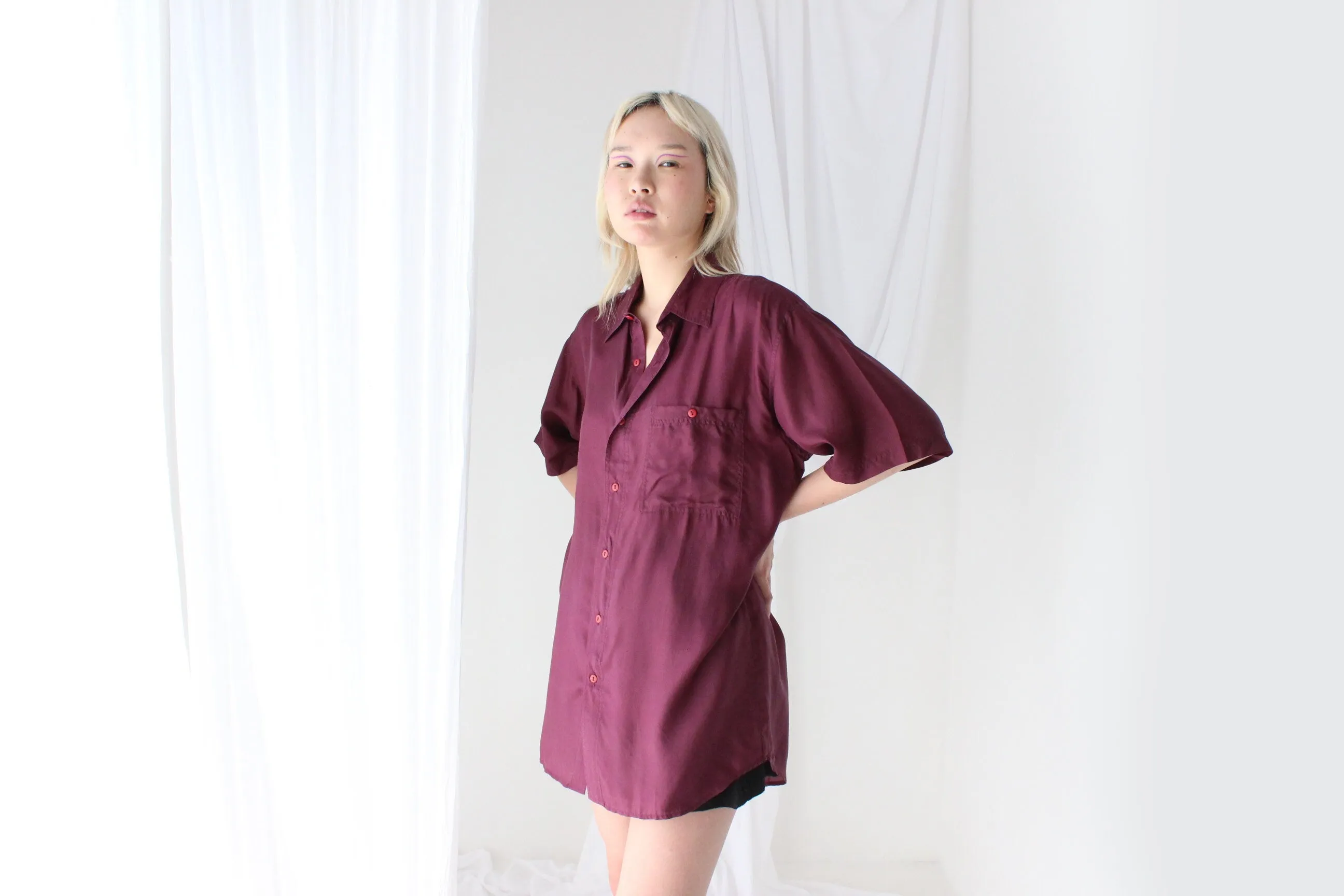 80s PURE SILK Aubergine Boxy Shirt