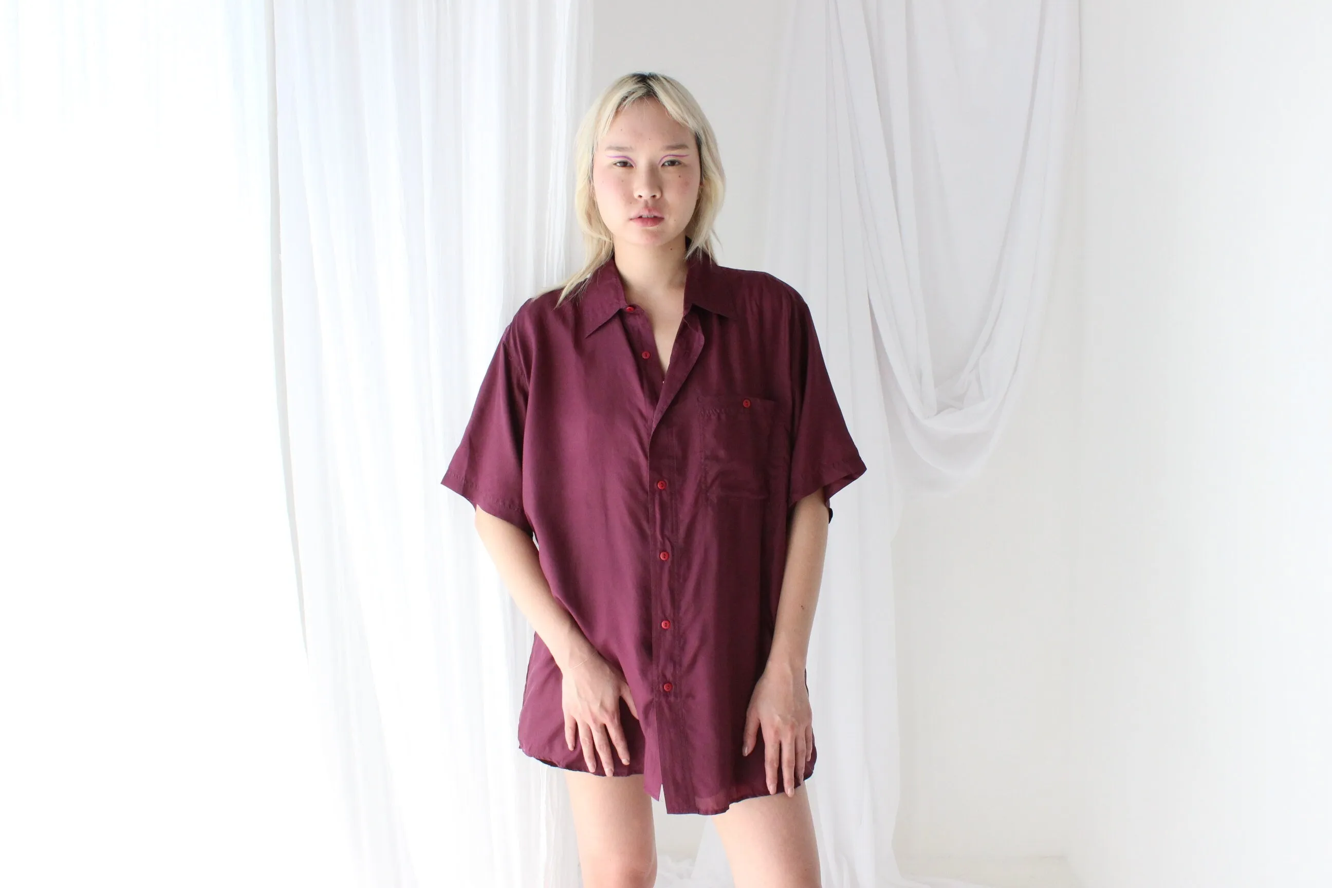 80s PURE SILK Aubergine Boxy Shirt