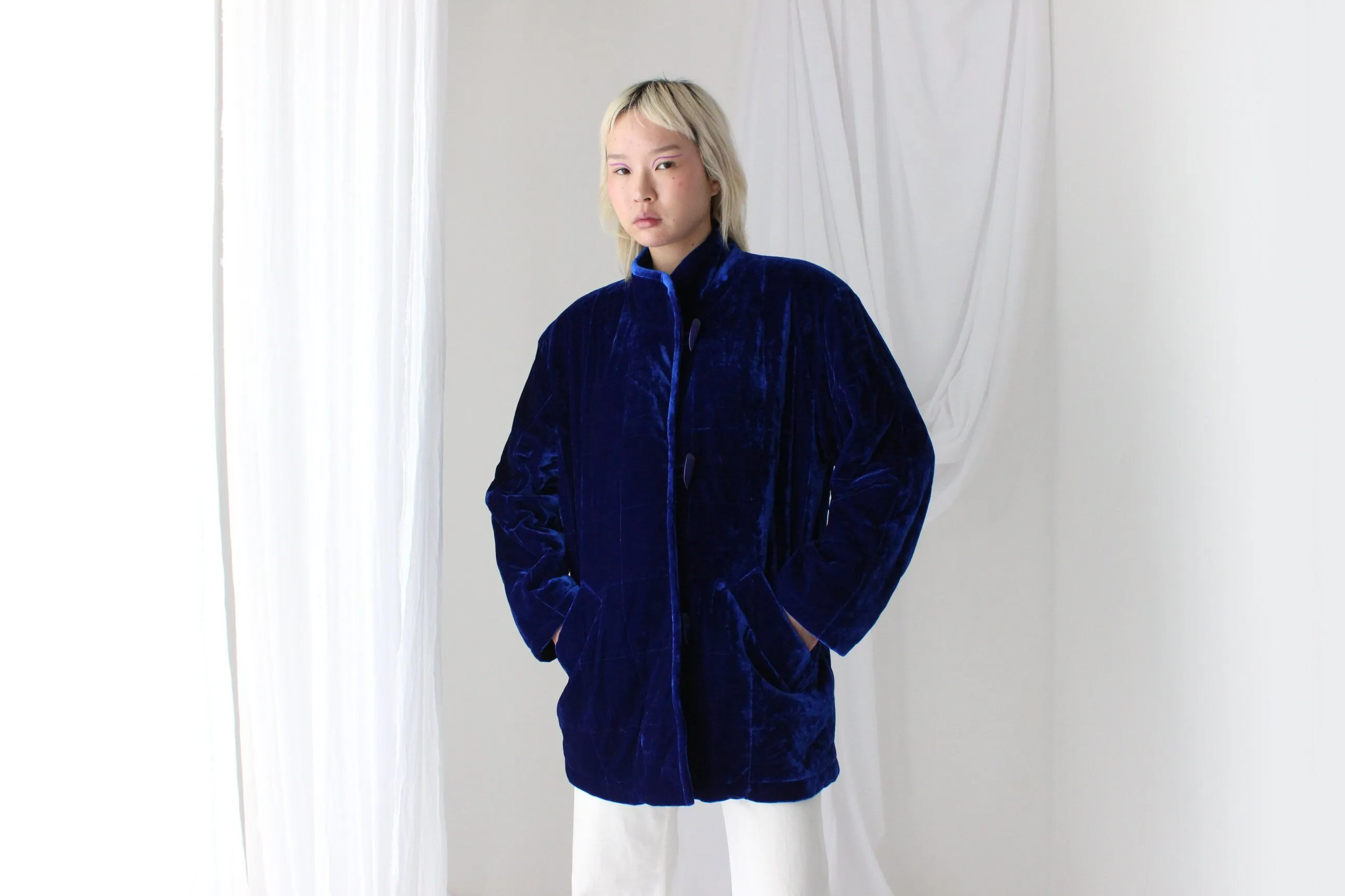 80s QUILTED VELVET Luxury Puffer Bomber Jacket in Cobalt Blue