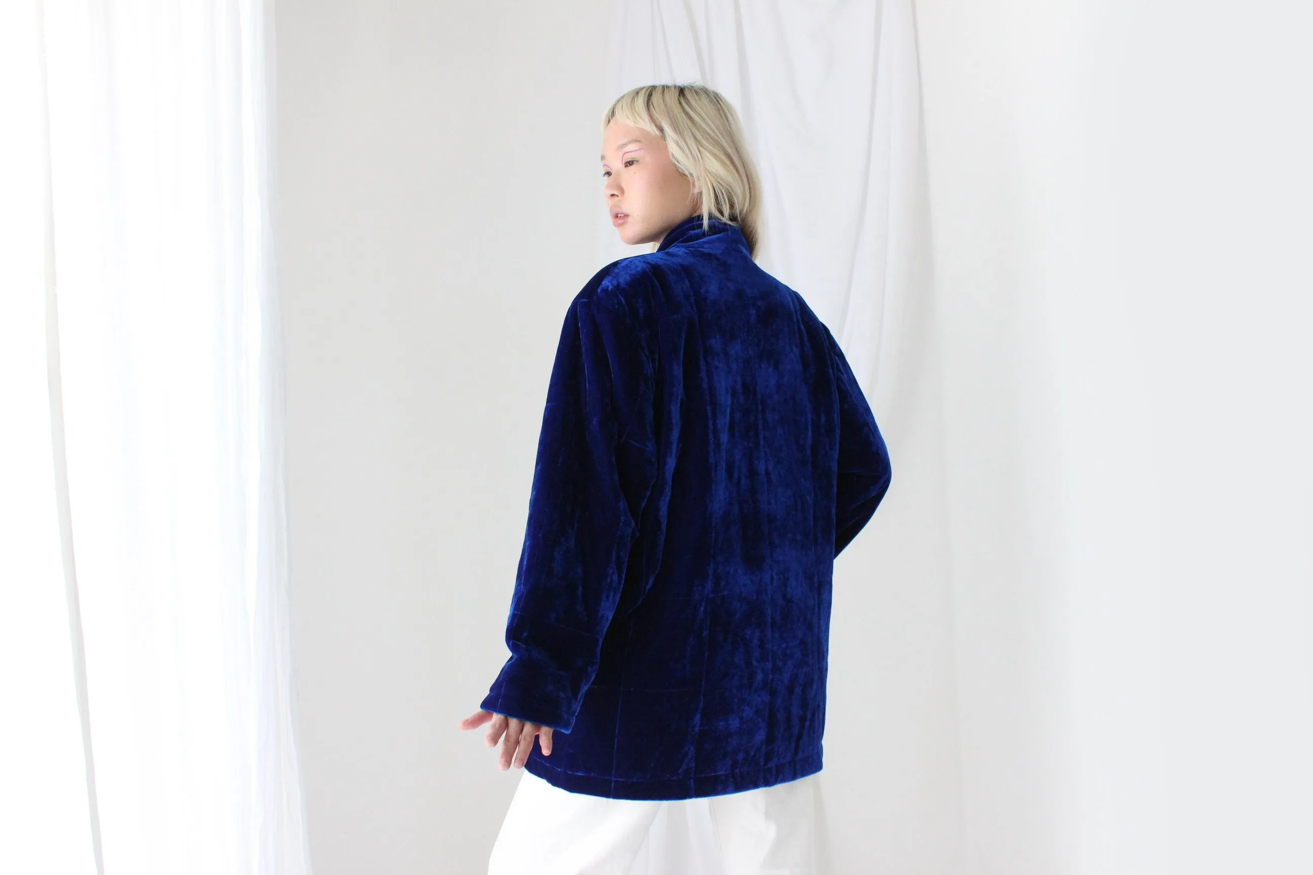 80s QUILTED VELVET Luxury Puffer Bomber Jacket in Cobalt Blue