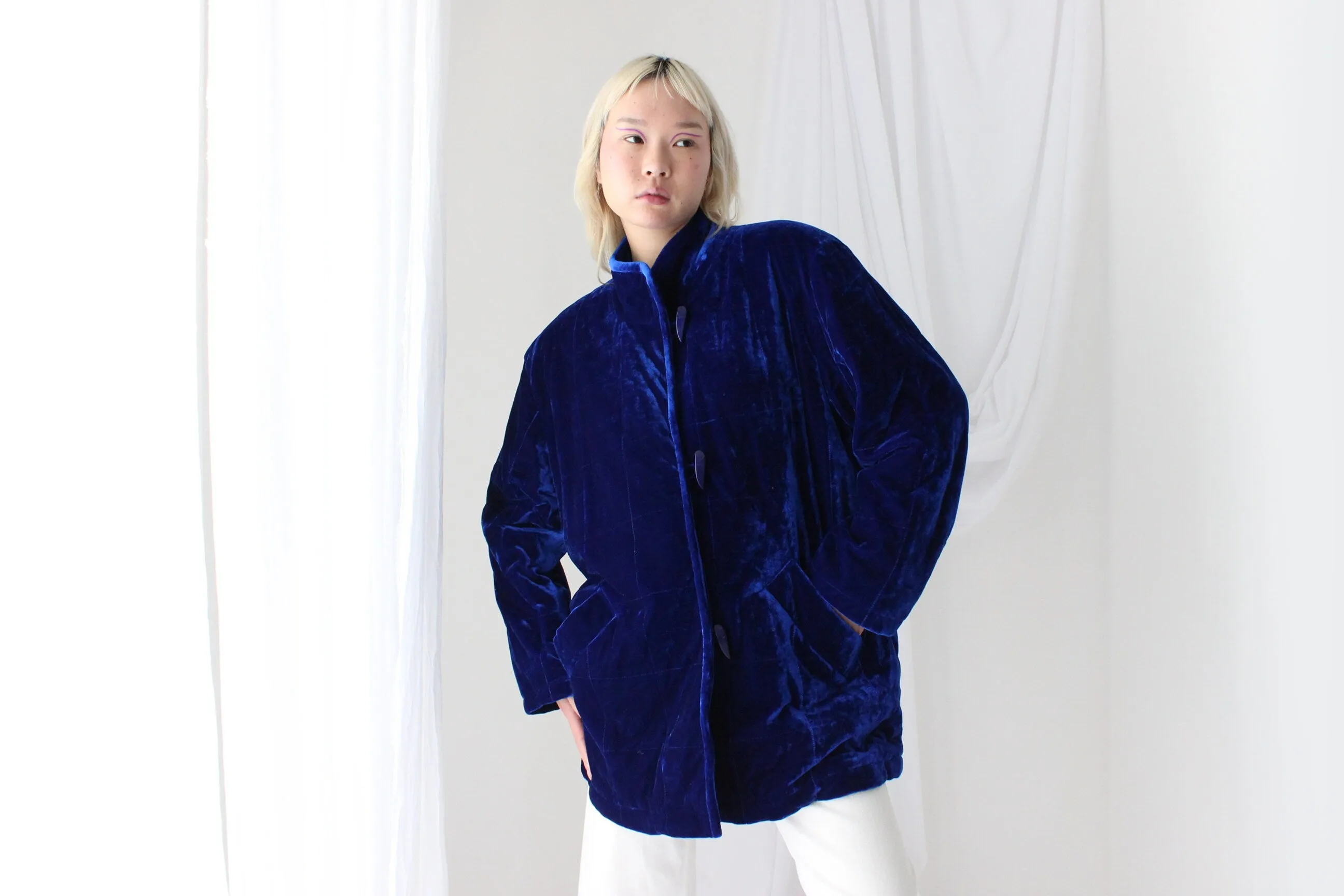 80s QUILTED VELVET Luxury Puffer Bomber Jacket in Cobalt Blue