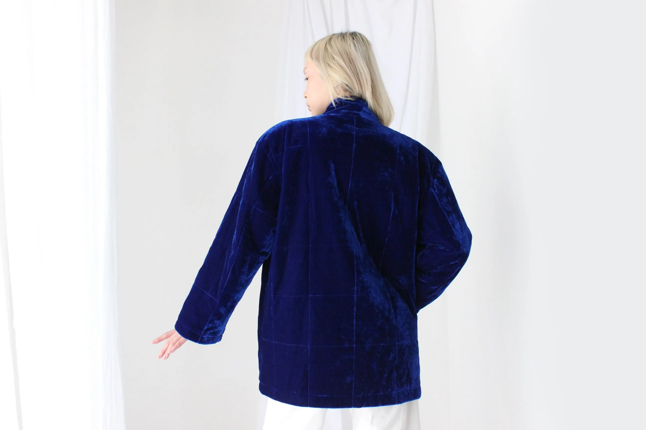 80s QUILTED VELVET Luxury Puffer Bomber Jacket in Cobalt Blue