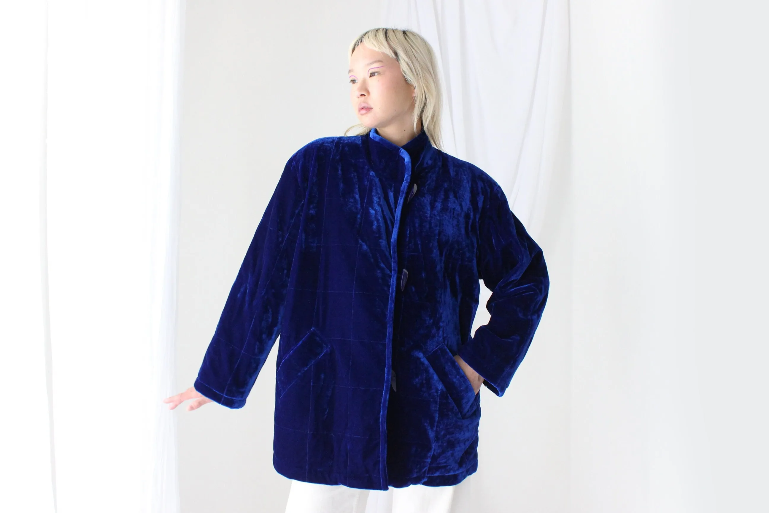 80s QUILTED VELVET Luxury Puffer Bomber Jacket in Cobalt Blue