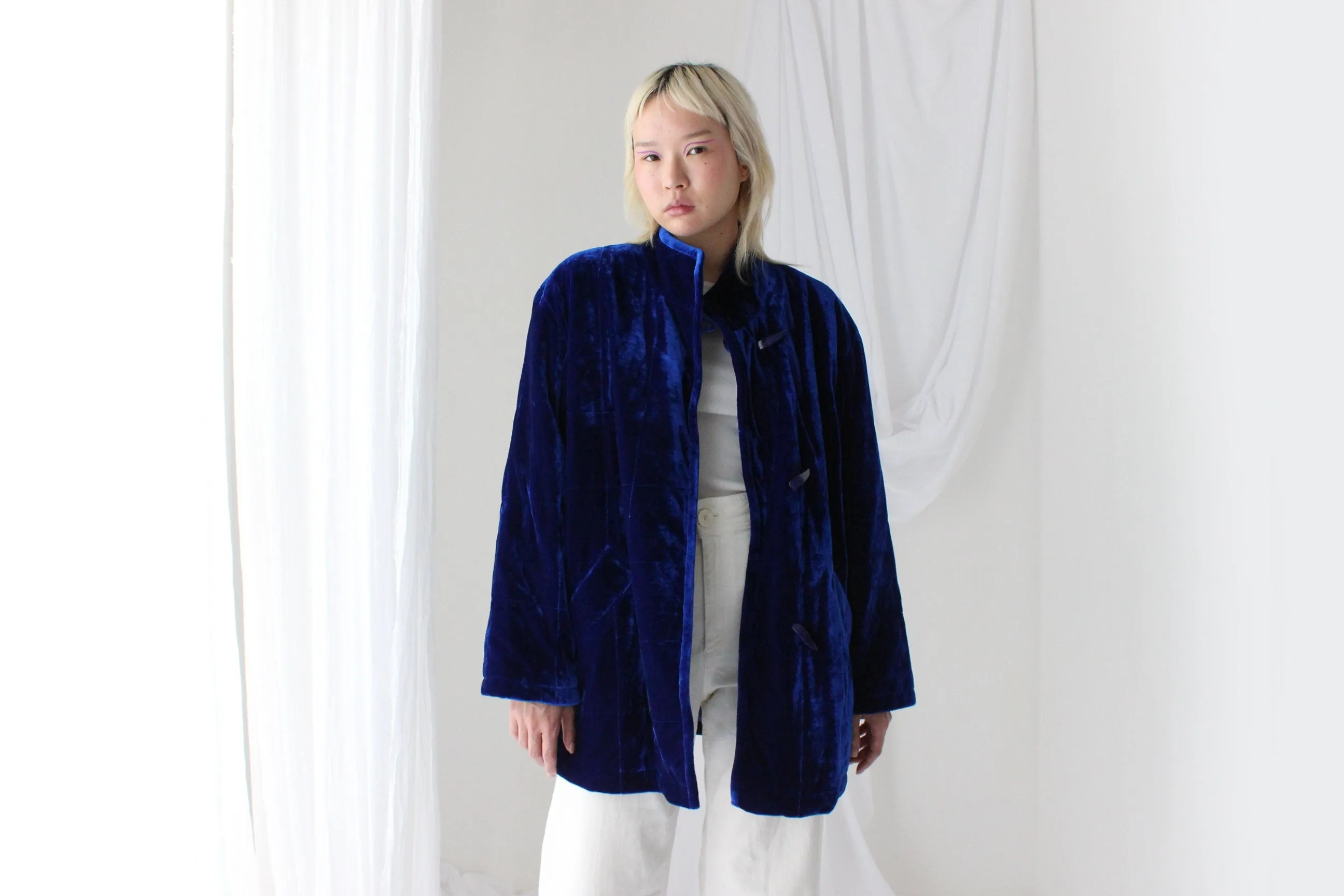 80s QUILTED VELVET Luxury Puffer Bomber Jacket in Cobalt Blue