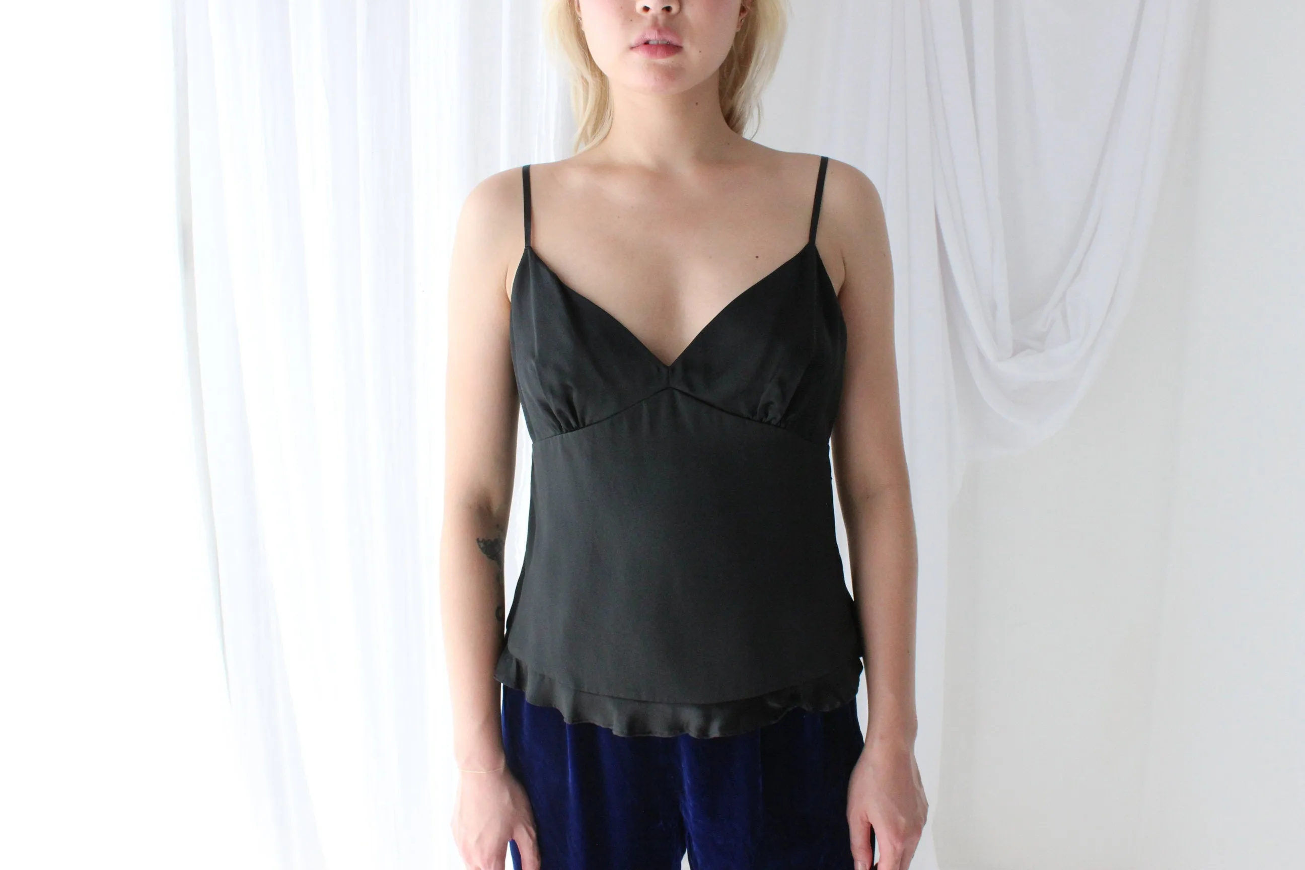 90s Black PURE SILK Spaghetti Strap Ruffle Cami