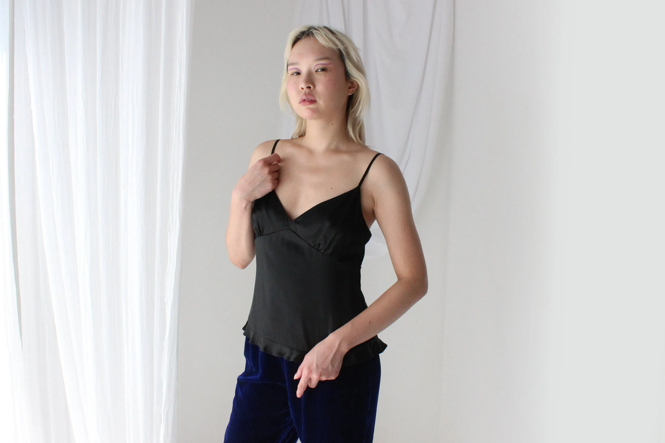 90s Black PURE SILK Spaghetti Strap Ruffle Cami