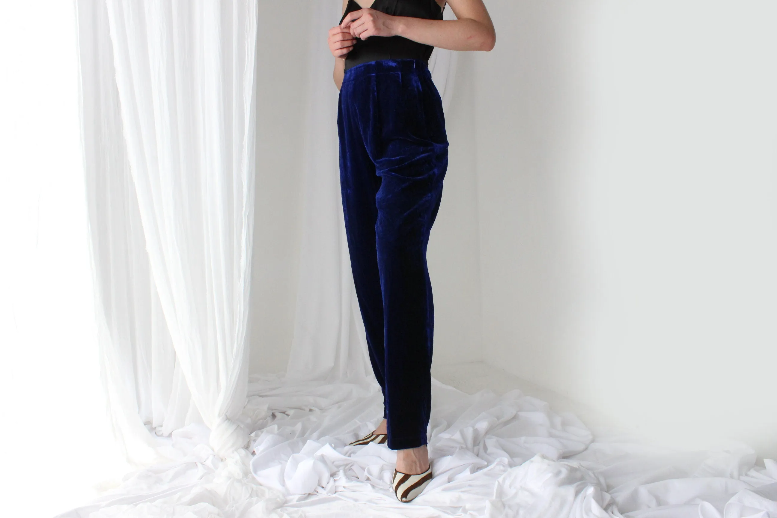 90s LUSH SILK VELVET High Waist Trousers in Blue