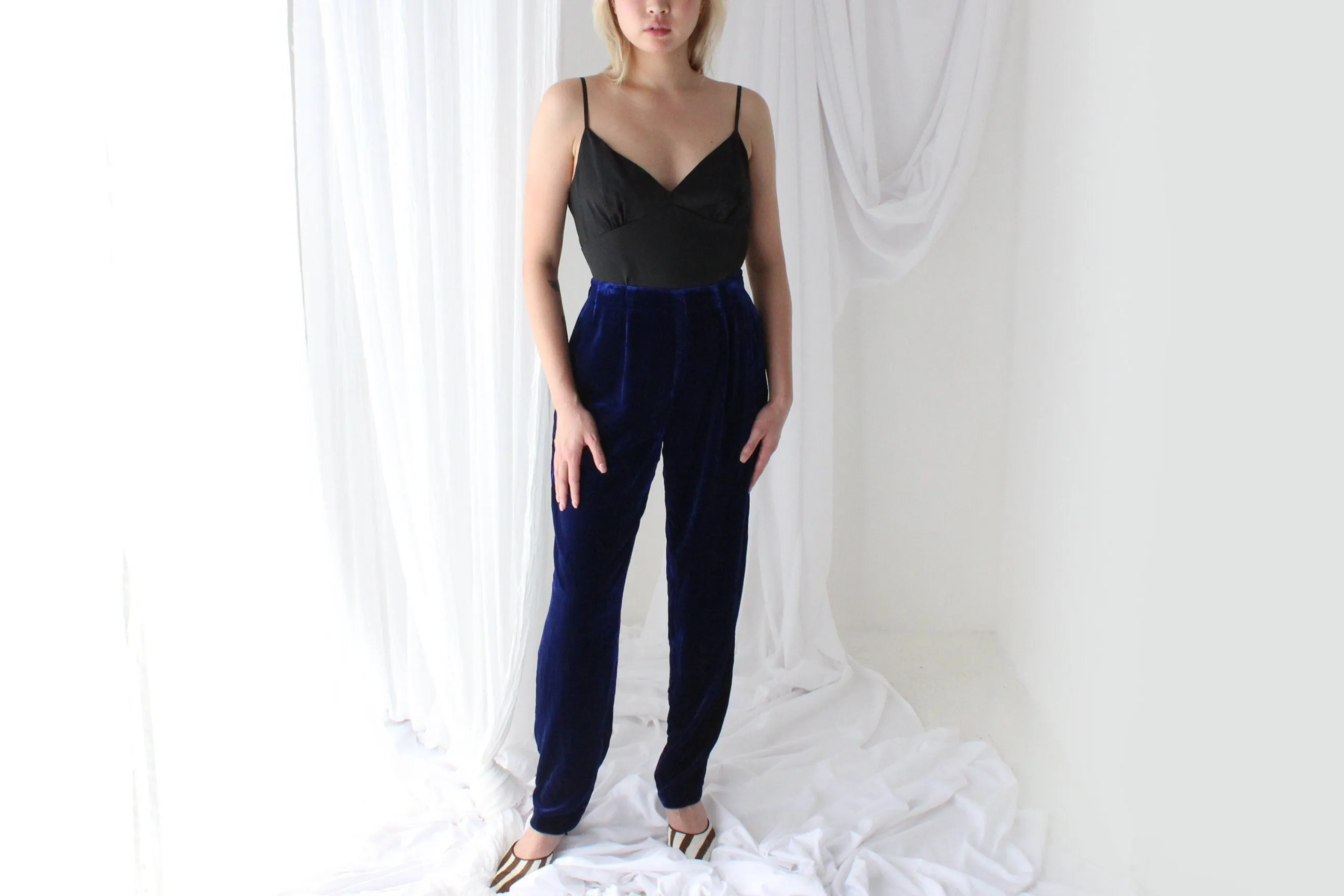 90s LUSH SILK VELVET High Waist Trousers in Blue