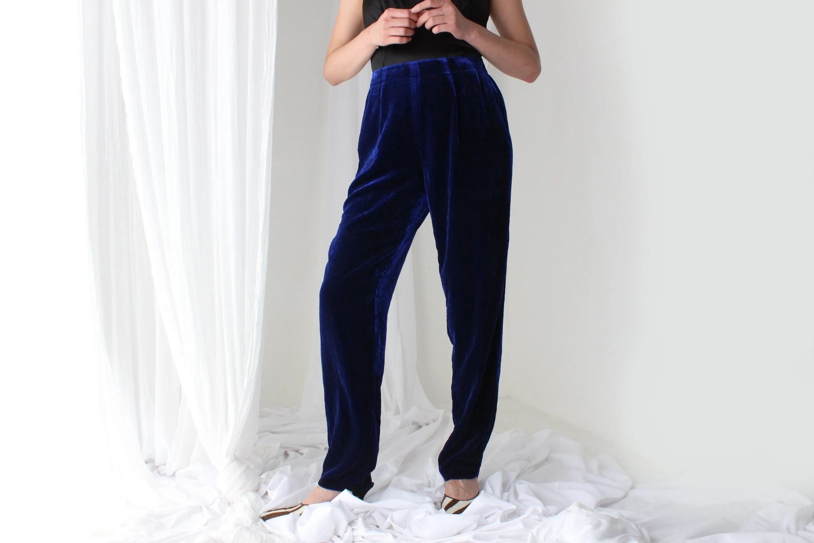 90s LUSH SILK VELVET High Waist Trousers in Blue