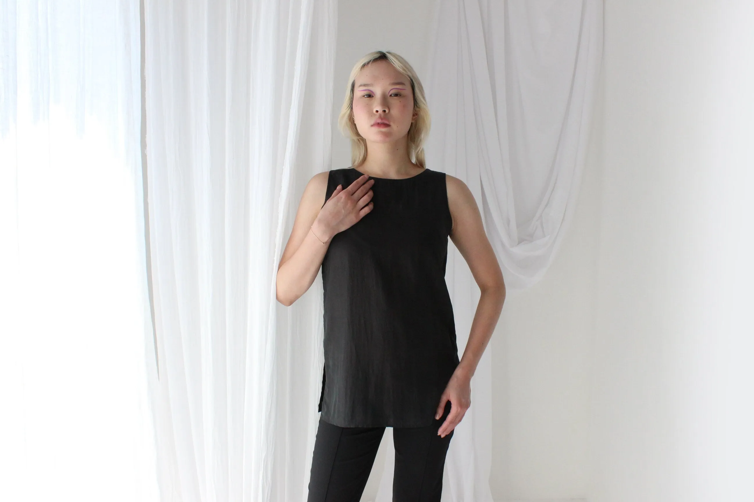 90s Pure Silk Sleeveless Tank Top in Matte Black