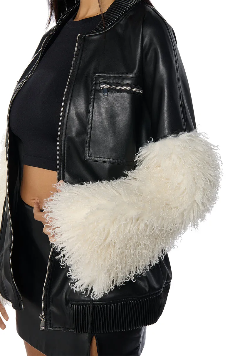 A LITTLE BIT MORE PU JACKET WITH FAUX FUR SLEEVES AND CINCHED WAIST DETAILING