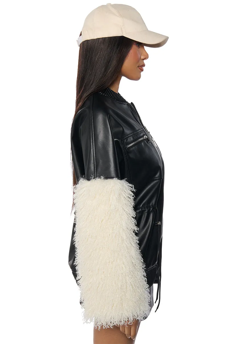 A LITTLE BIT MORE PU JACKET WITH FAUX FUR SLEEVES AND CINCHED WAIST DETAILING