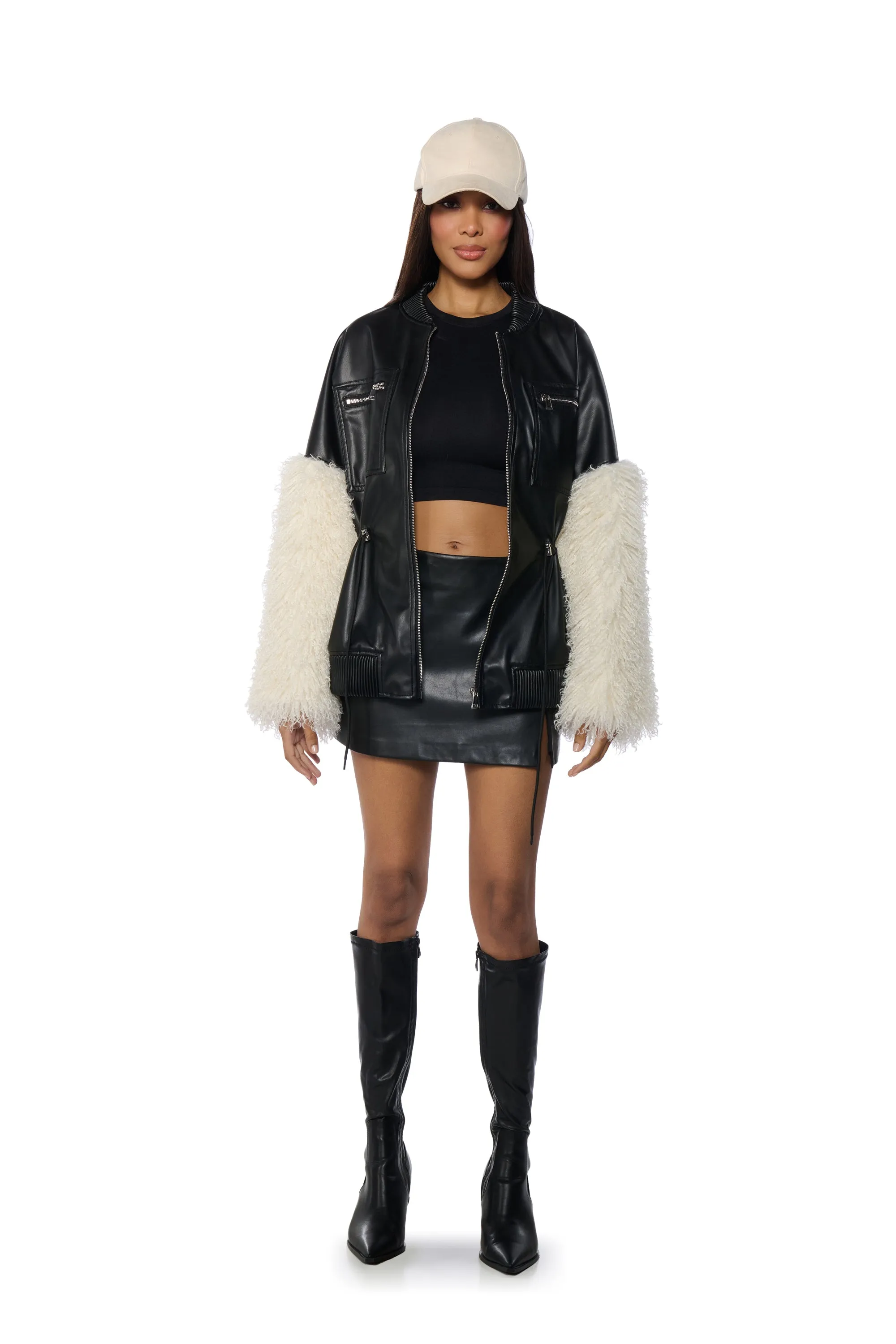 A LITTLE BIT MORE PU JACKET WITH FAUX FUR SLEEVES AND CINCHED WAIST DETAILING