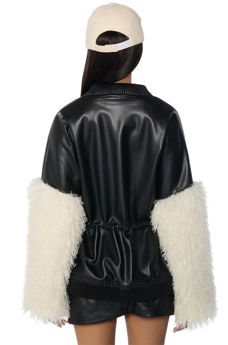 A LITTLE BIT MORE PU JACKET WITH FAUX FUR SLEEVES AND CINCHED WAIST DETAILING