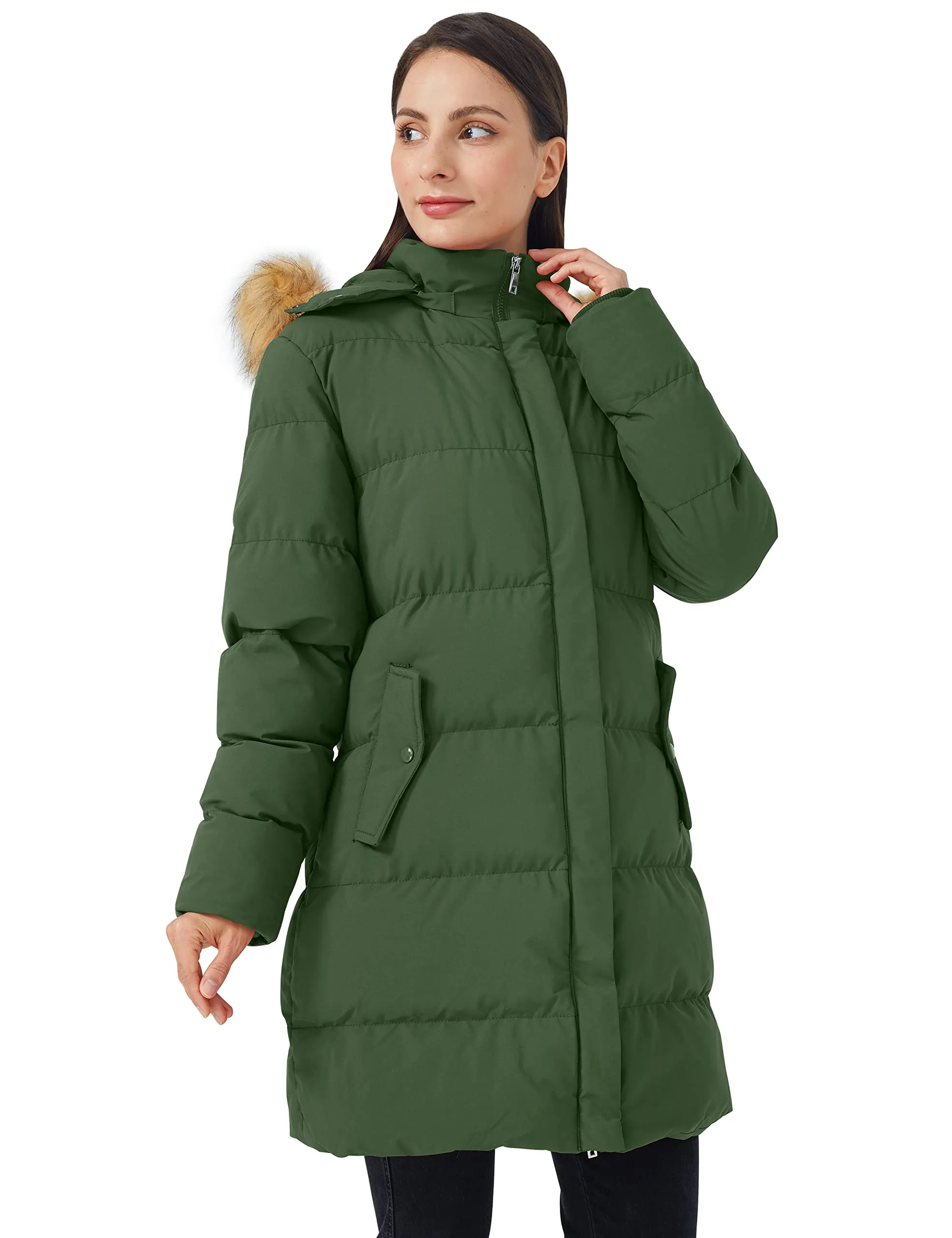 Army Green Women's Winter Thicken Jacket Puffer Coat Warm with Faux Fur - WenVen