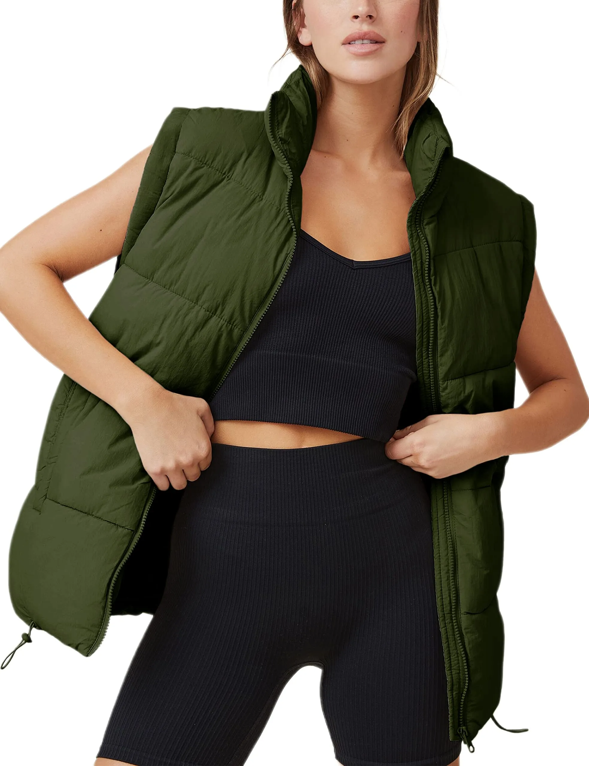 Armygreen Womens Zip Jacket Coat Up Puffer Vest Stand Collar - Athlisan