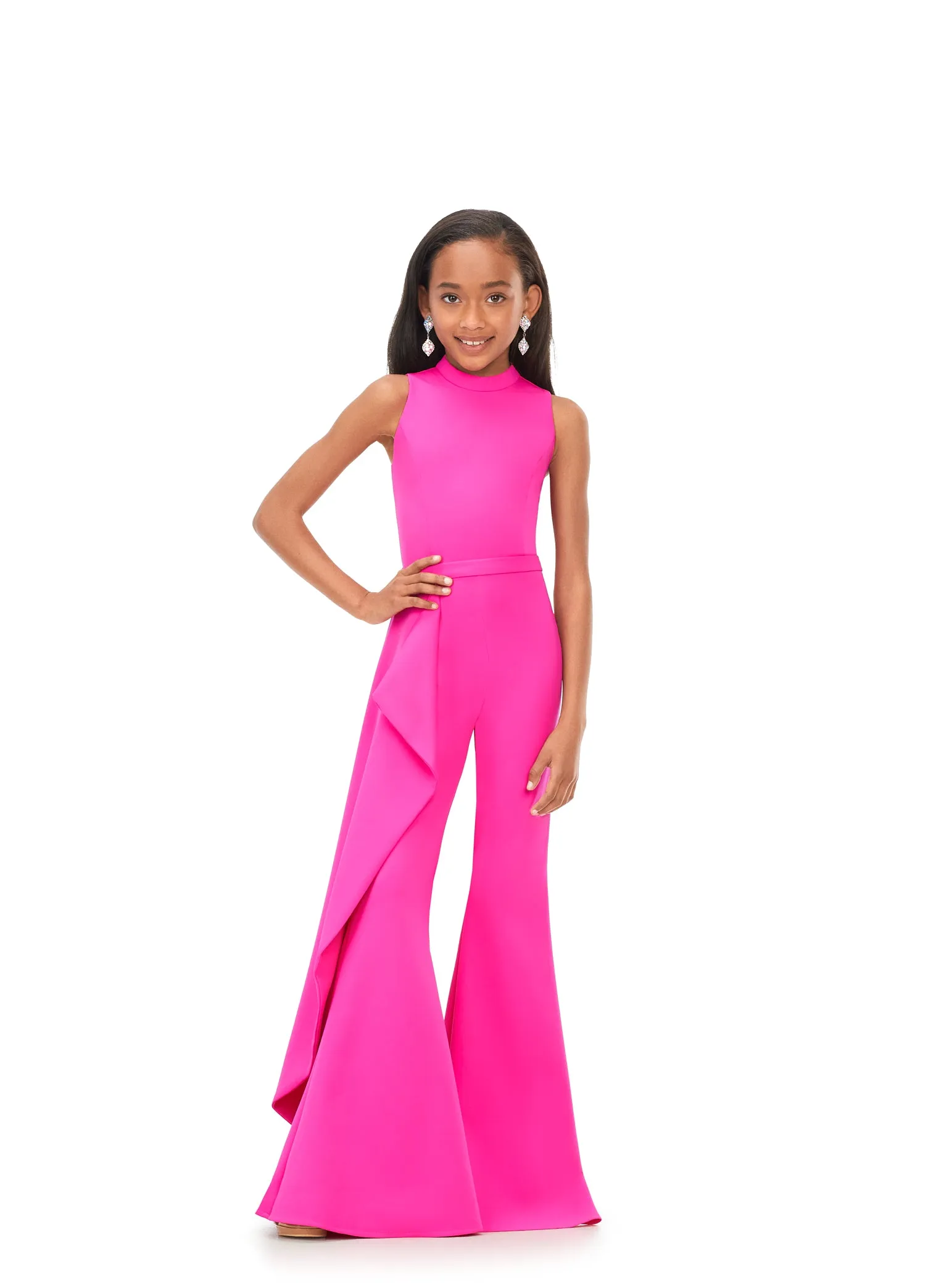 Ashley Lauren Kids 8158 Size 4 Turquoise Girls Pageant Jumpsuit with Ruffle Side Scuba High Neckline