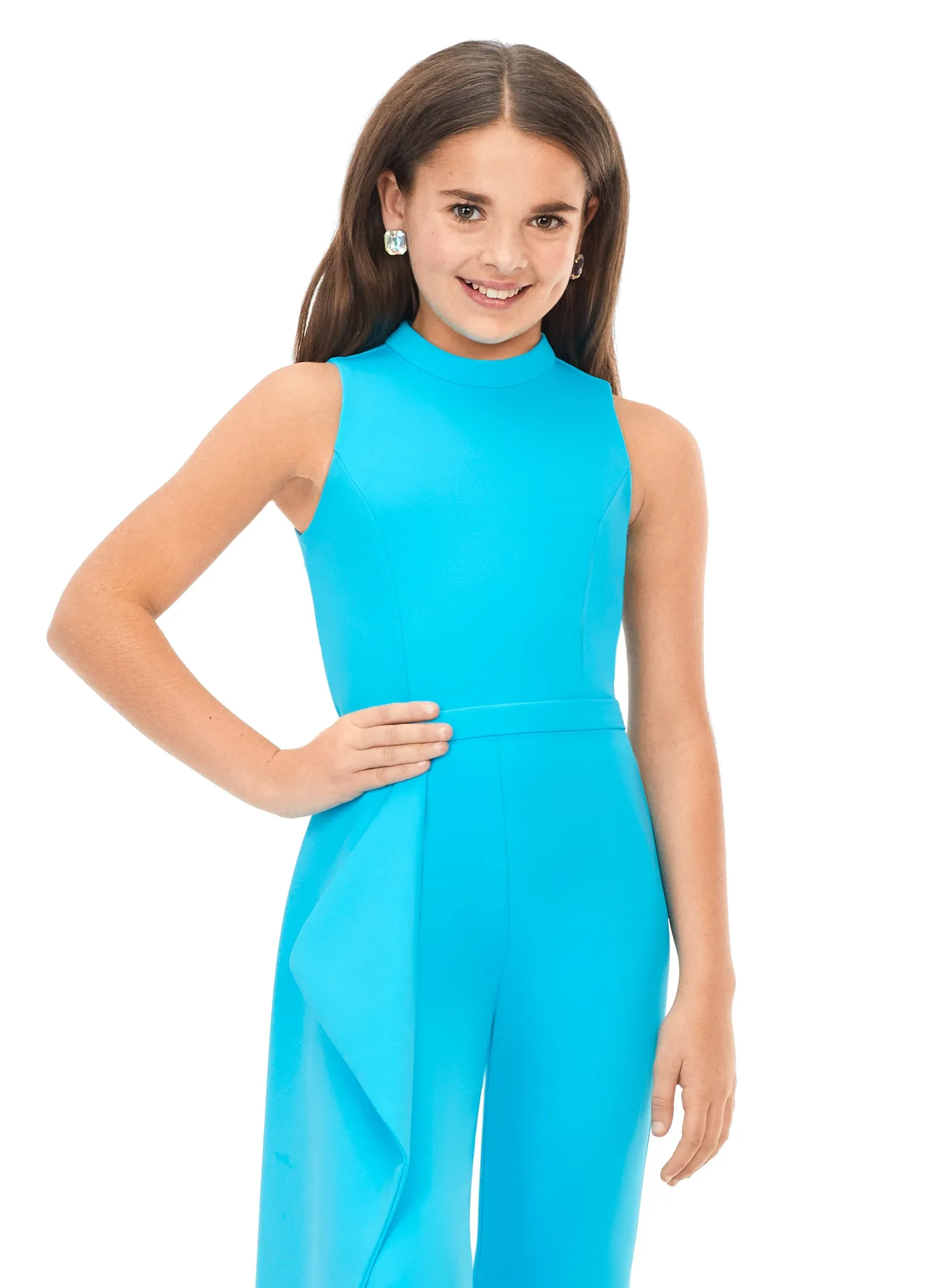 Ashley Lauren Kids 8158 Size 4 Turquoise Girls Pageant Jumpsuit with Ruffle Side Scuba High Neckline