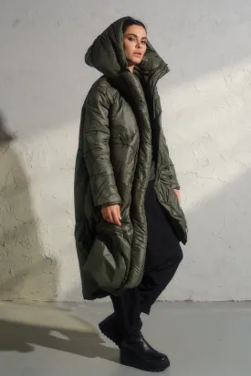 Avant garde transitional puffer jacket with hood