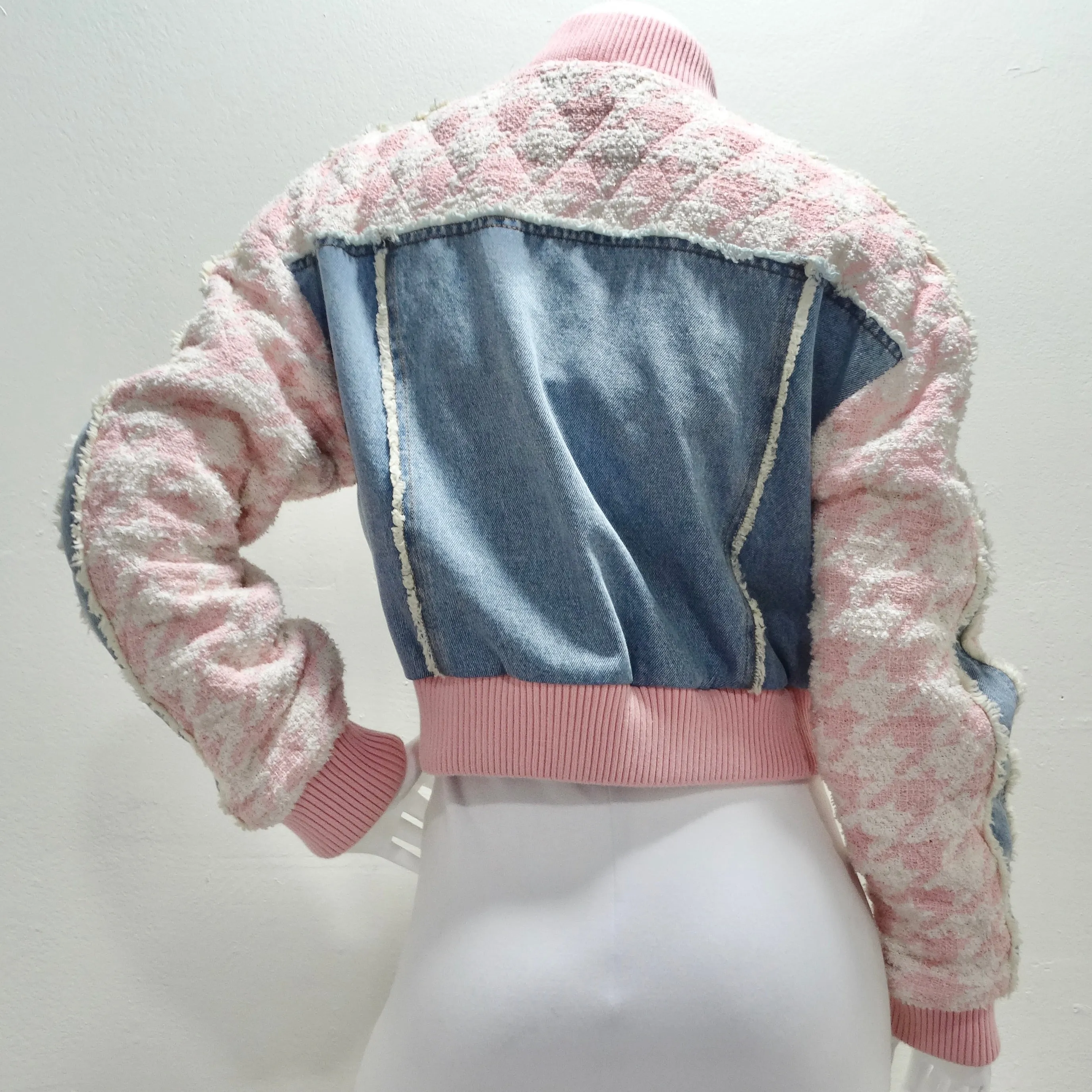 Balmain Pink Tweed Denim Bomber Jacket