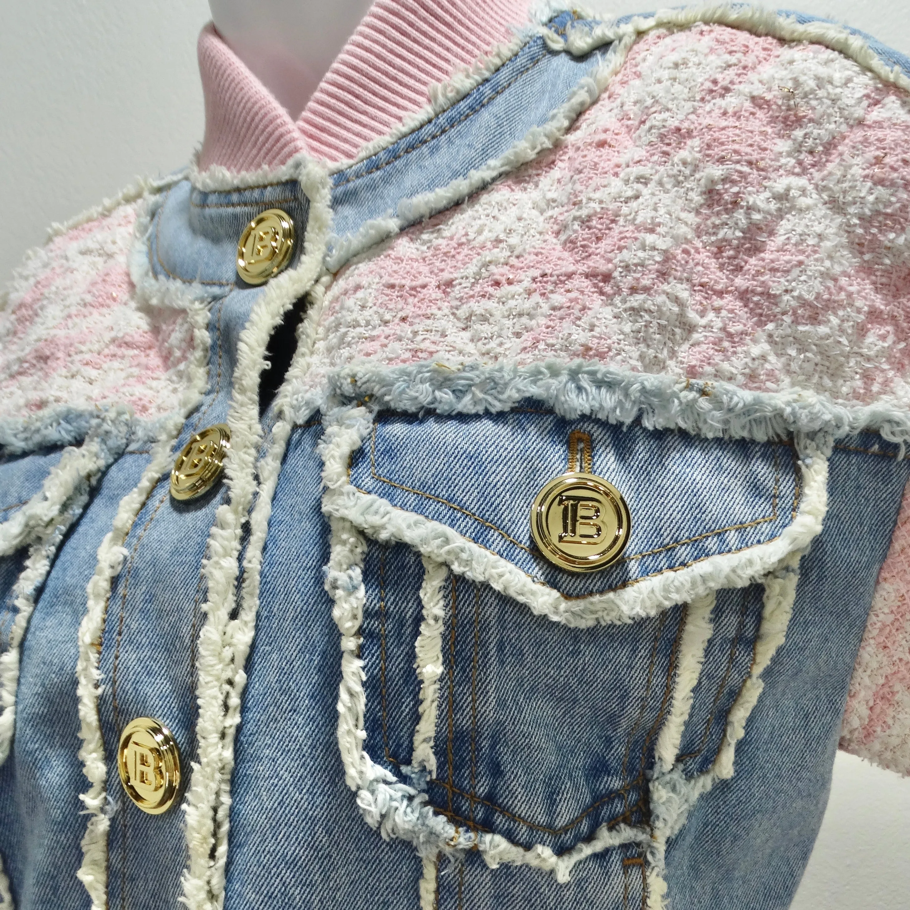 Balmain Pink Tweed Denim Bomber Jacket