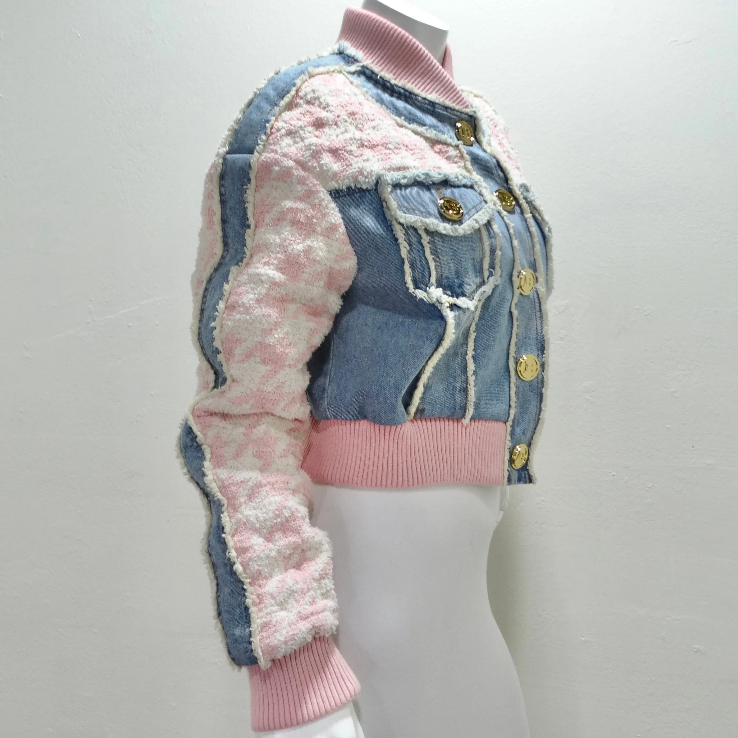 Balmain Pink Tweed Denim Bomber Jacket