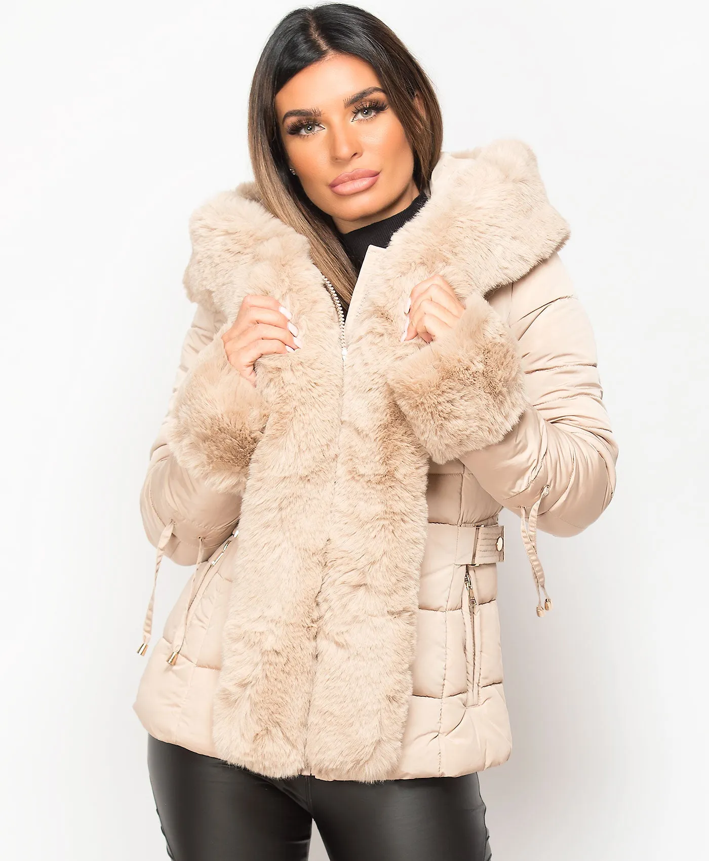 Beige Faux Fur Trim Hooded Side Buckle Puffer Jacket