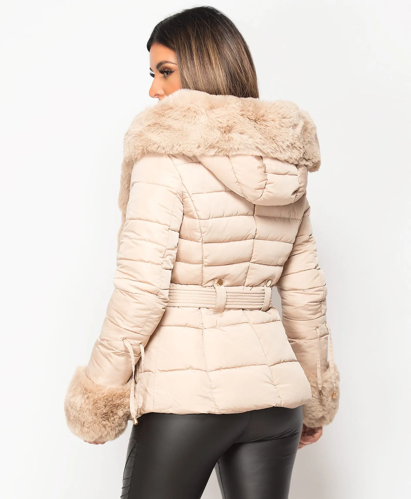 Beige Faux Fur Trim Hooded Side Buckle Puffer Jacket