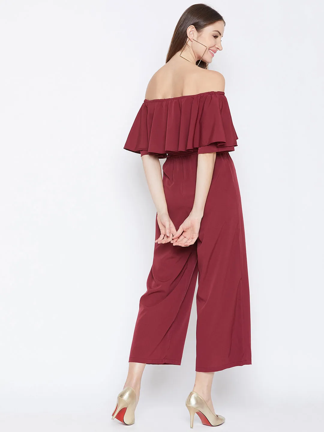 Berrylush Women Solid Maroon Off-Shoulder Waist Tie-Up Capri Jumpsuit