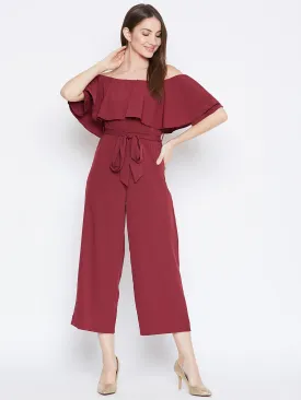 Berrylush Women Solid Maroon Off-Shoulder Waist Tie-Up Capri Jumpsuit