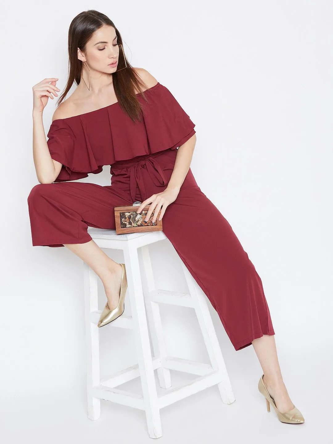 Berrylush Women Solid Maroon Off-Shoulder Waist Tie-Up Capri Jumpsuit