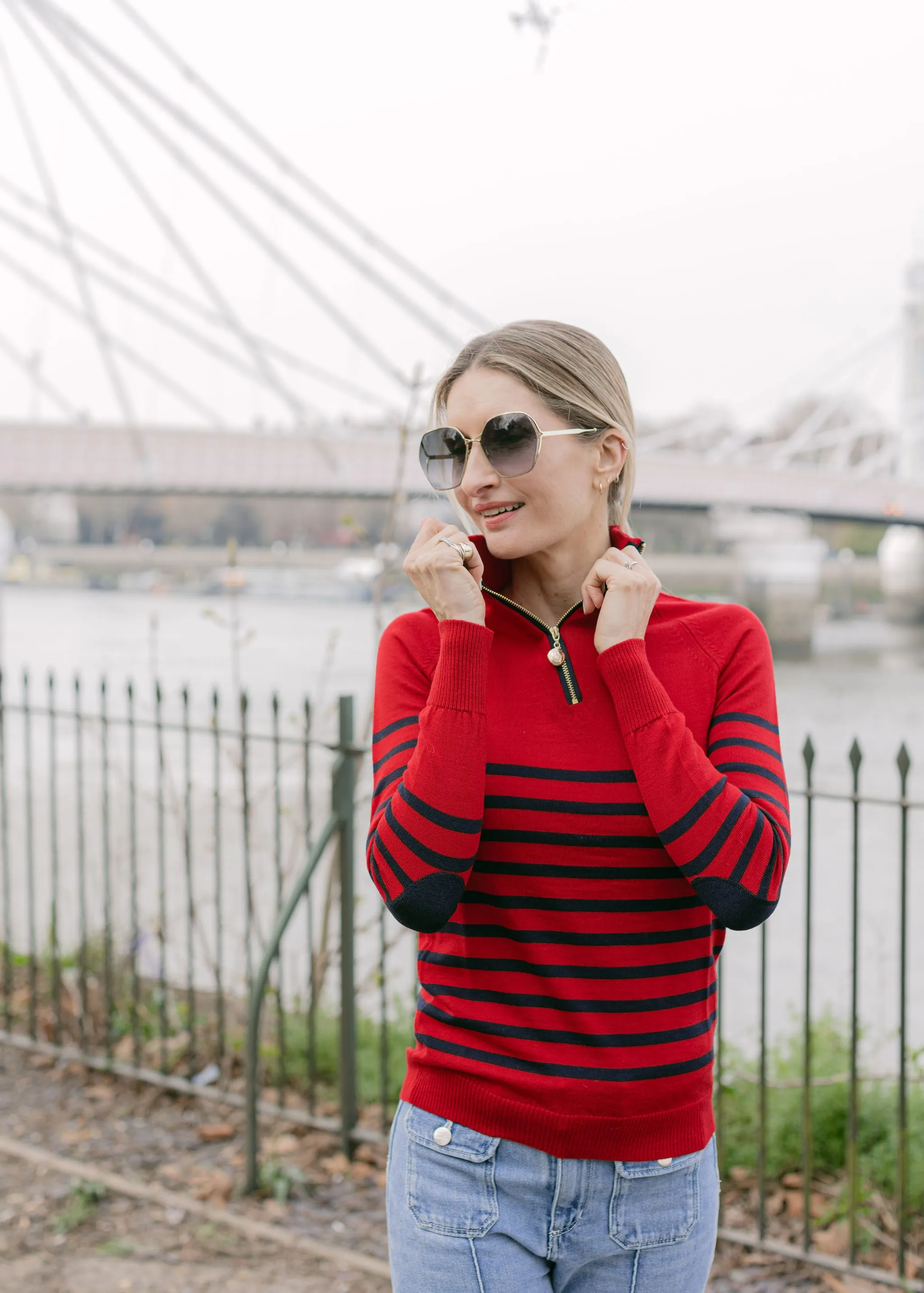 Birdie 9 Breton zip jumper in Red & Navy