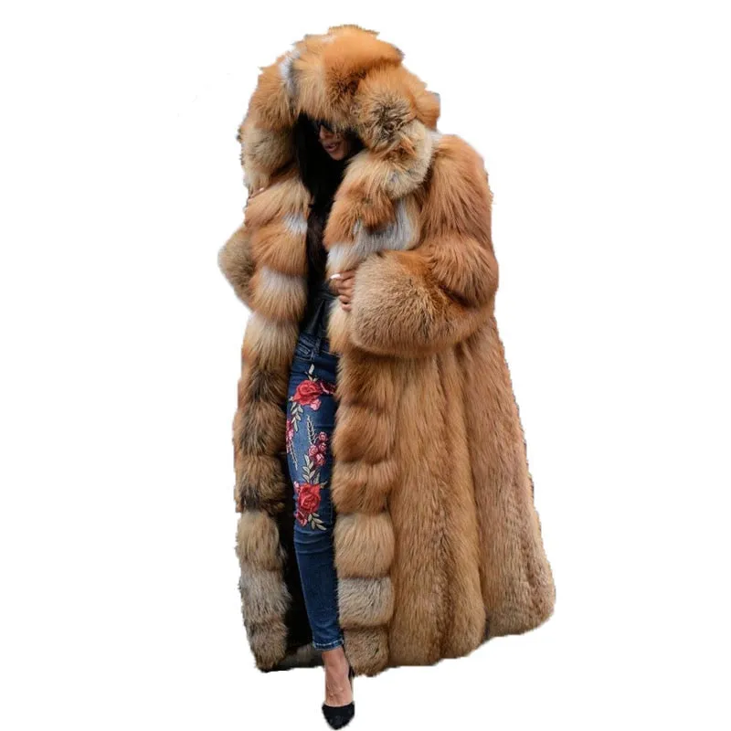 Bjlxn Fashion Long Winter Hooded Faux Fur Coat Loose Thick Warm  Artificial Fur Jacket Women Full Sleeve Outerwear Coats