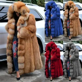 Bjlxn Fashion Long Winter Hooded Faux Fur Coat Loose Thick Warm  Artificial Fur Jacket Women Full Sleeve Outerwear Coats