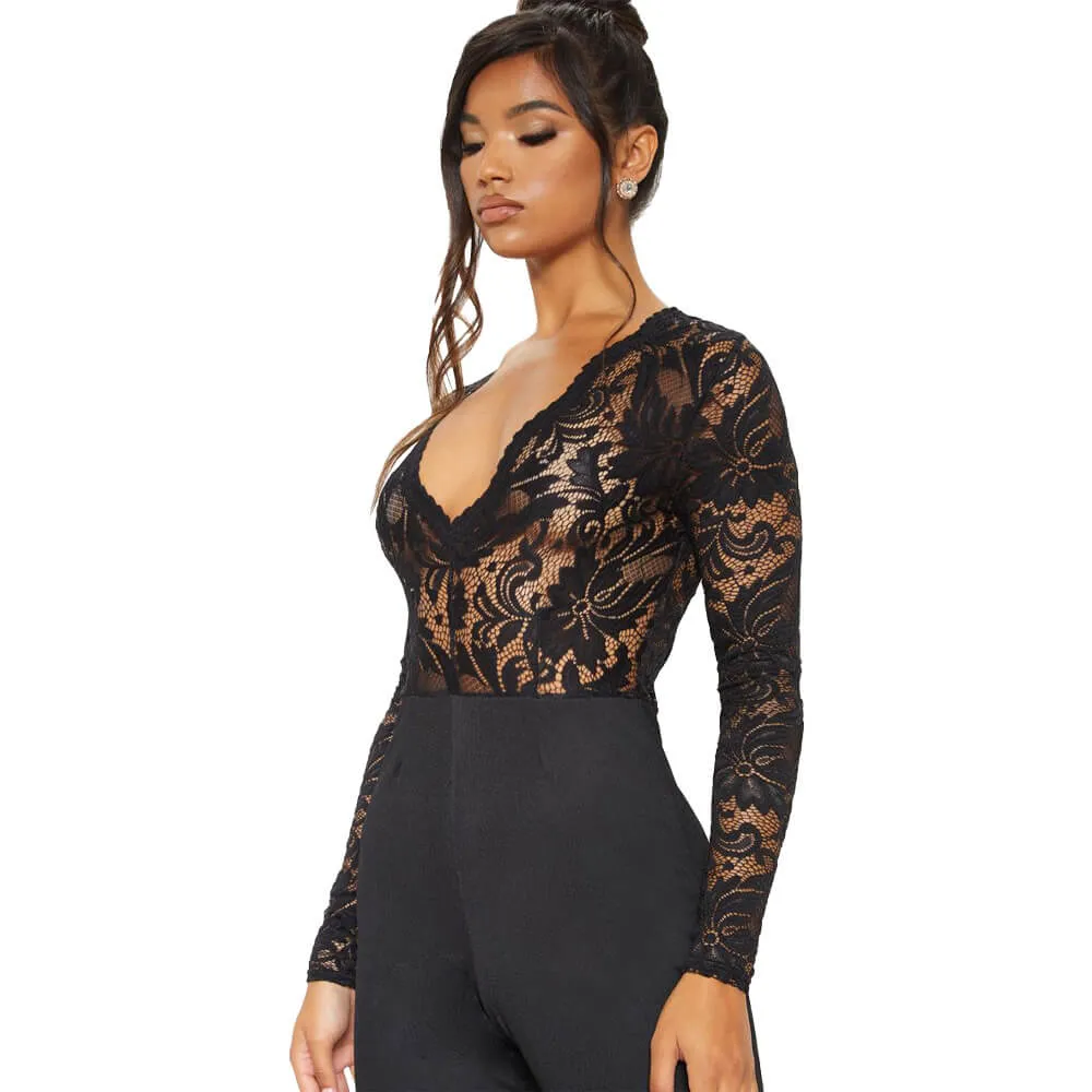 Black Long Sleeves Lace Patchwork Wide Leg Jumpsuits