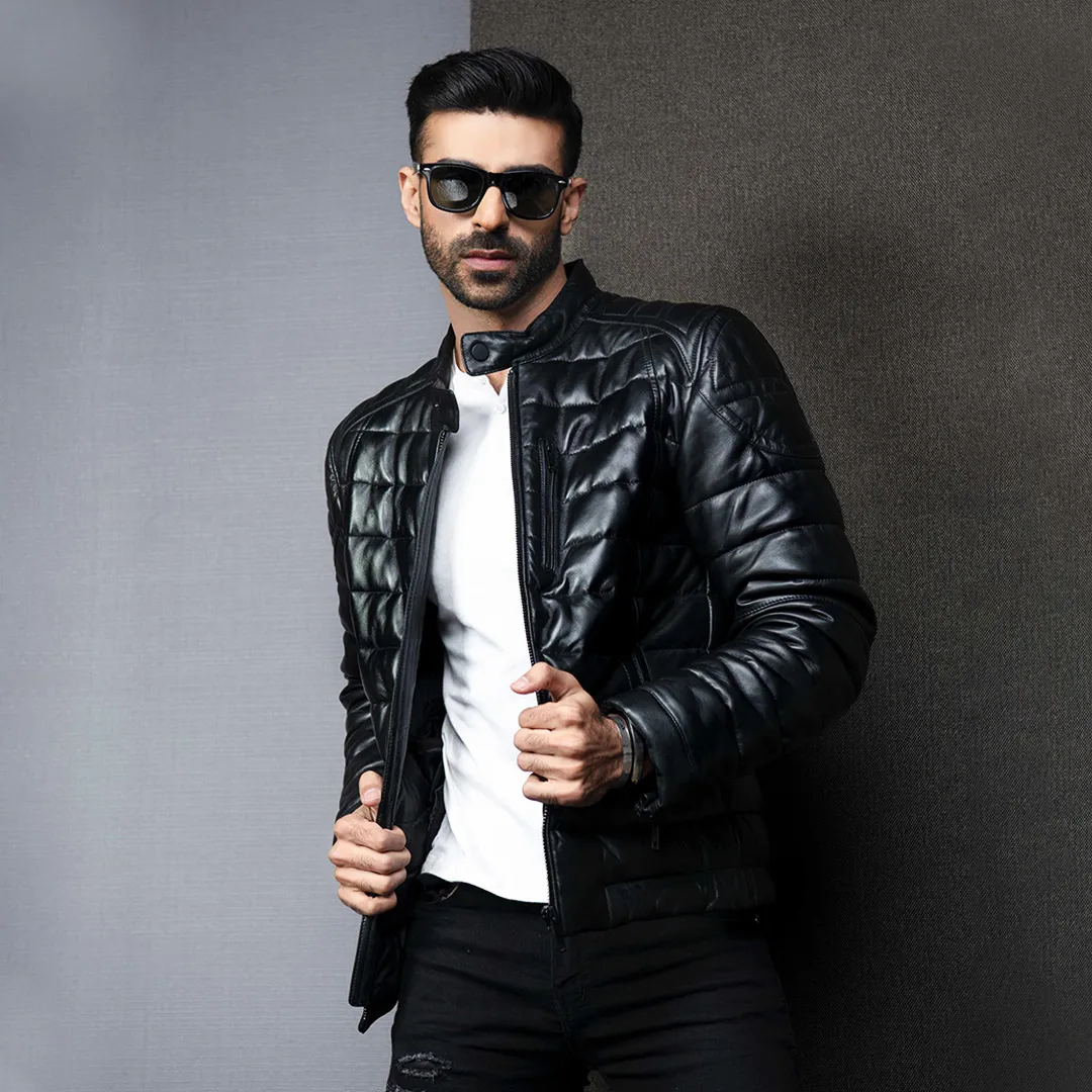 Black Puffer Leather Jacket - Kaptan