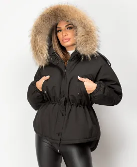 Black Real Natural Fur Hooded Oversized Fishtail Parka Jacket