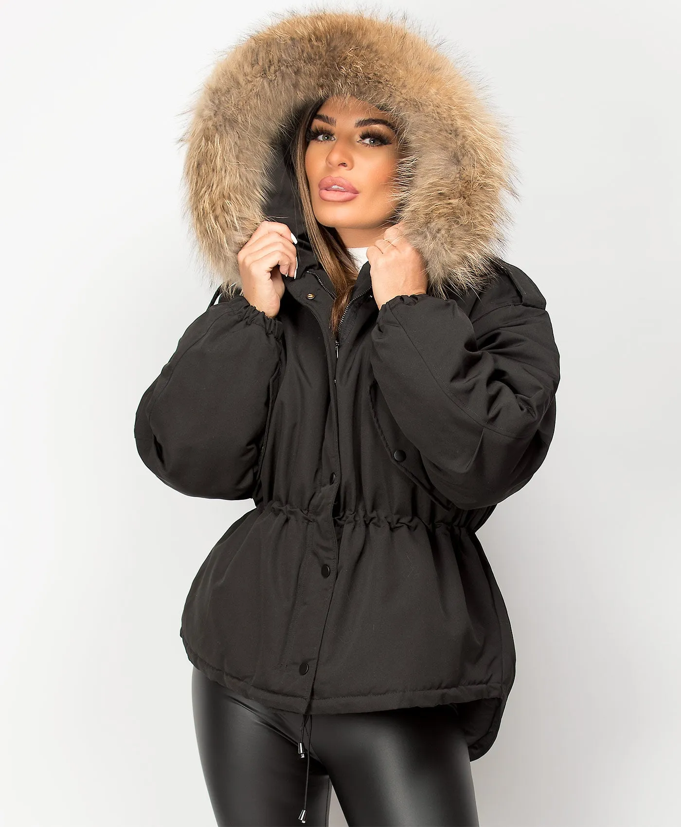 Black Real Natural Fur Hooded Oversized Fishtail Parka Jacket