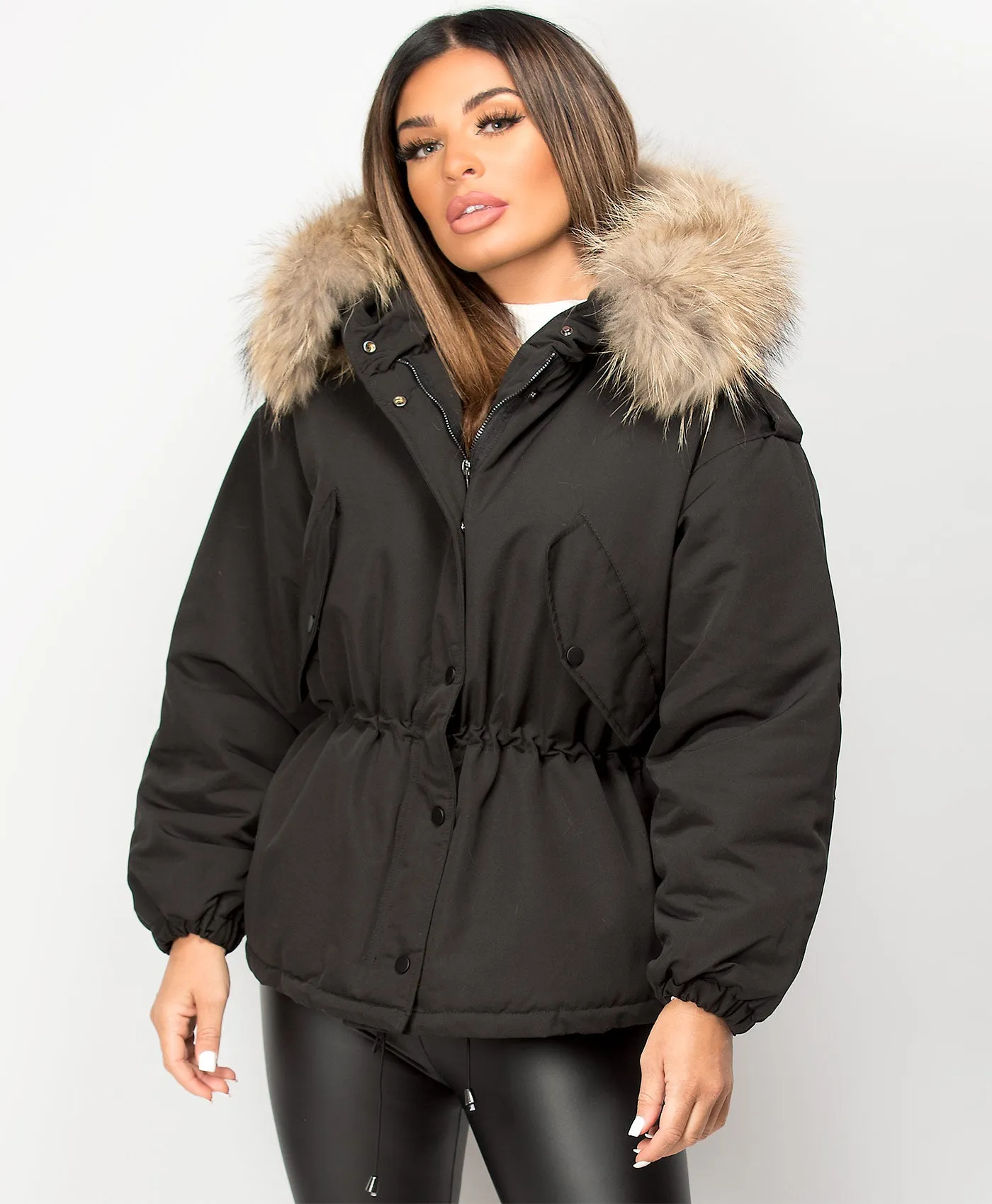 Black Real Natural Fur Hooded Oversized Fishtail Parka Jacket