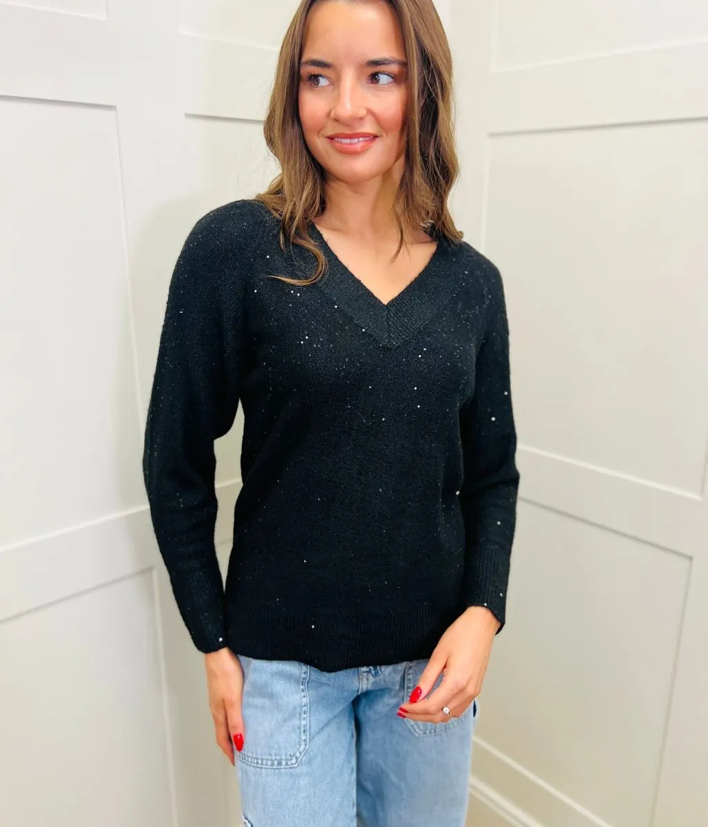 Black Sequin Sparkle V Neck Jumper