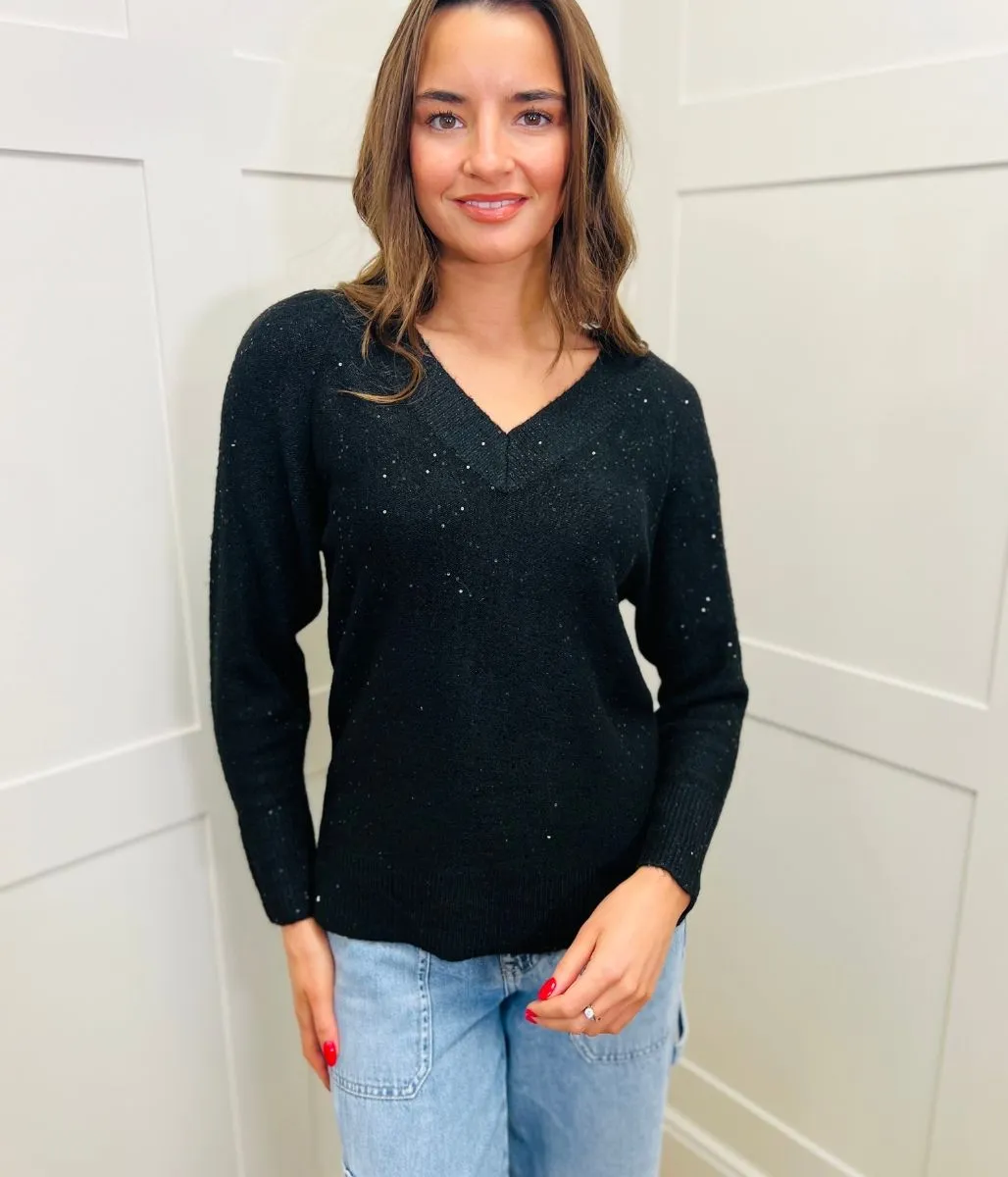 Black Sequin Sparkle V Neck Jumper