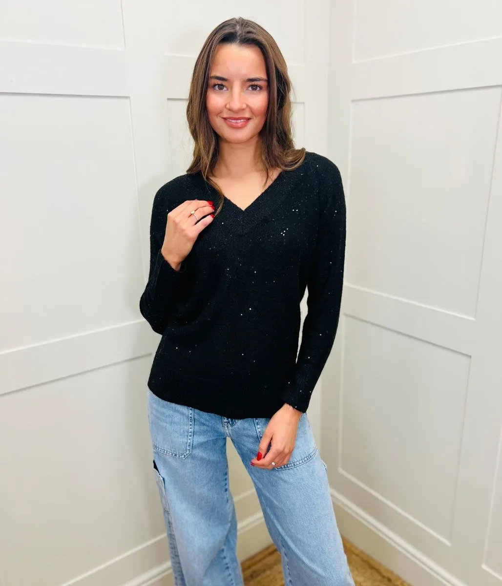 Black Sequin Sparkle V Neck Jumper