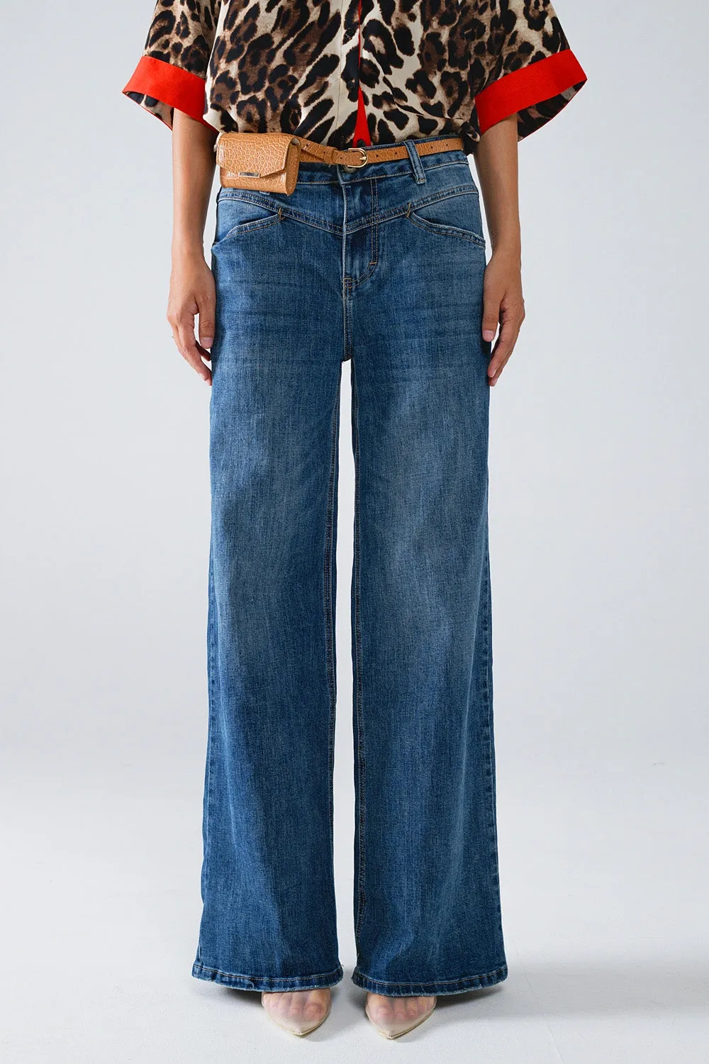 Blue Flare Jeans With Stitching Detail