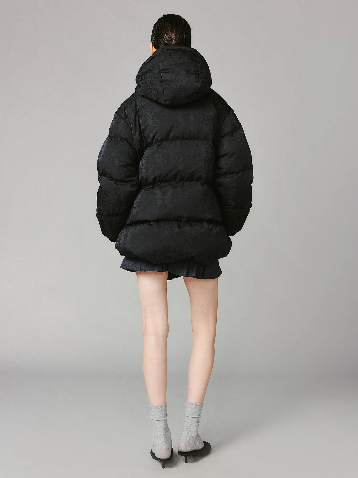 Bow satin jacquard puffer jacket