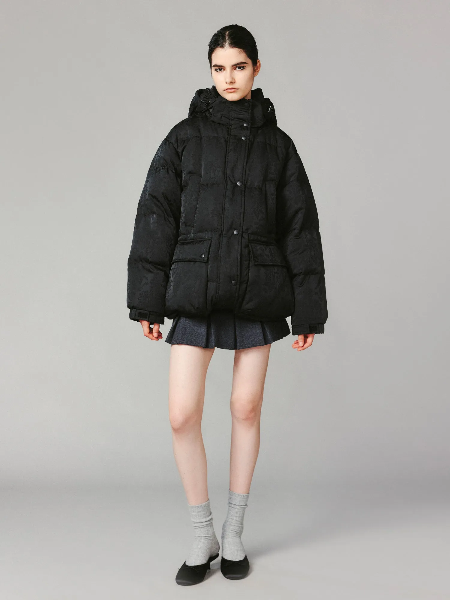 Bow satin jacquard puffer jacket