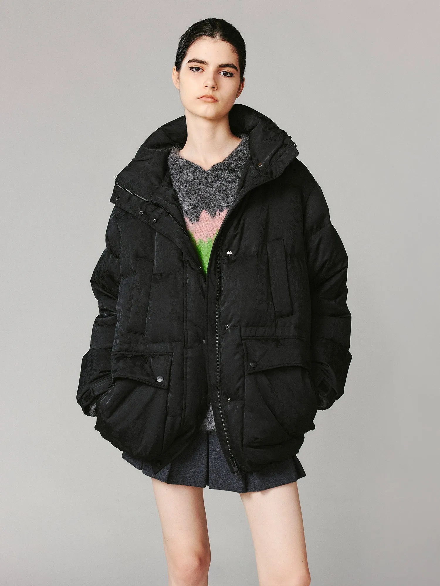 Bow satin jacquard puffer jacket