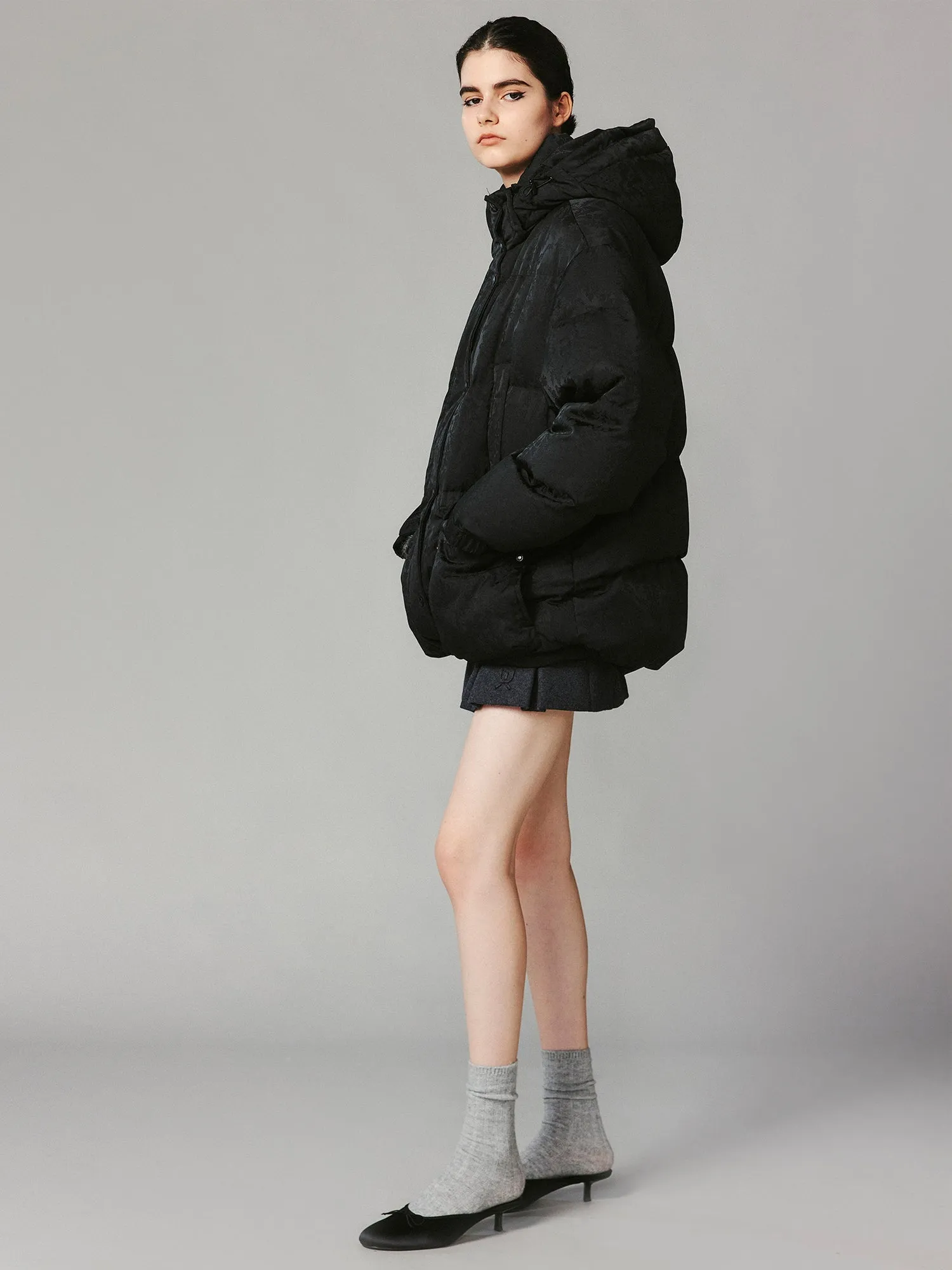 Bow satin jacquard puffer jacket