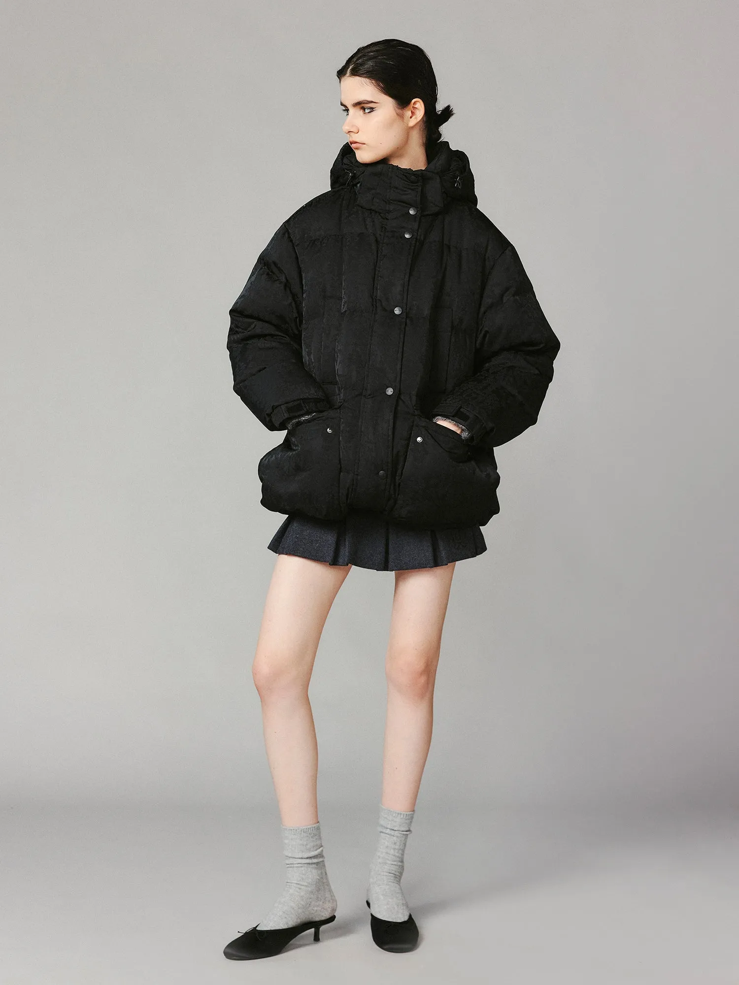 Bow satin jacquard puffer jacket